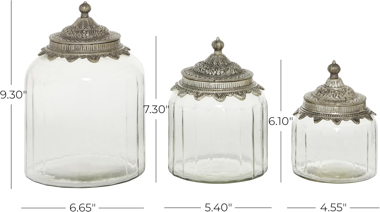 Deco 79 Glass Living Room Decorative Jars Decorative Container with Engraved Silver Lids, Set of 3 Jar with Lid 6", 7", 9"H, Clear