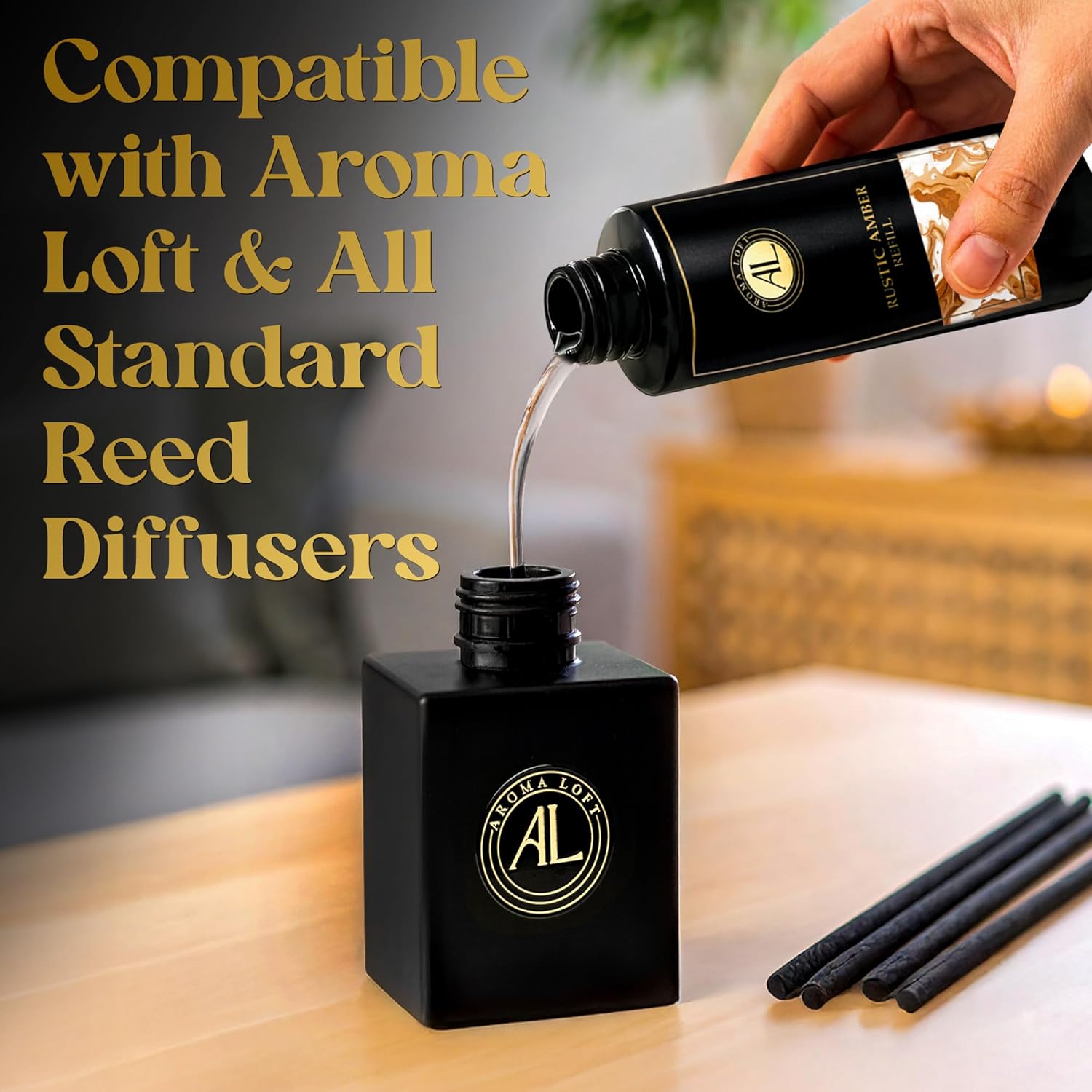 Reed Diffuser – Fragrance Diffuser for Home – 5 oz Oil Diffuser Sticks – Bathroom Diffuser Set – Oil Diffuser Reeds – Scent Sticks in Oil – Office Smell Good Stuff with Oil Refill 4 oz (Black, Rustic