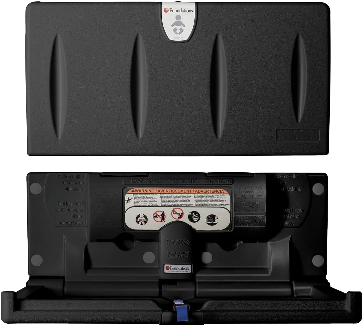 Classic Horizontal Baby Changing Station w/EZ Mount Backer Plate, Wall Mounted, One Handed Adjustable Safety Strap & Liner Dispenser, Black (100-EH-BP-02)