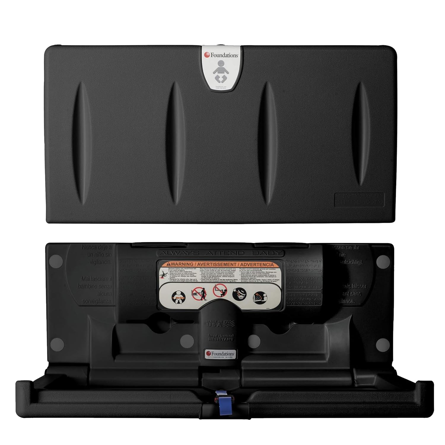 Foundations Classic Horizontal Baby Changing Station w/EZ Mount Backer Plate, Wall Mounted, One Handed Adjustable Safety Strap & Liner Dispenser - Black (100-EH-BP-02)