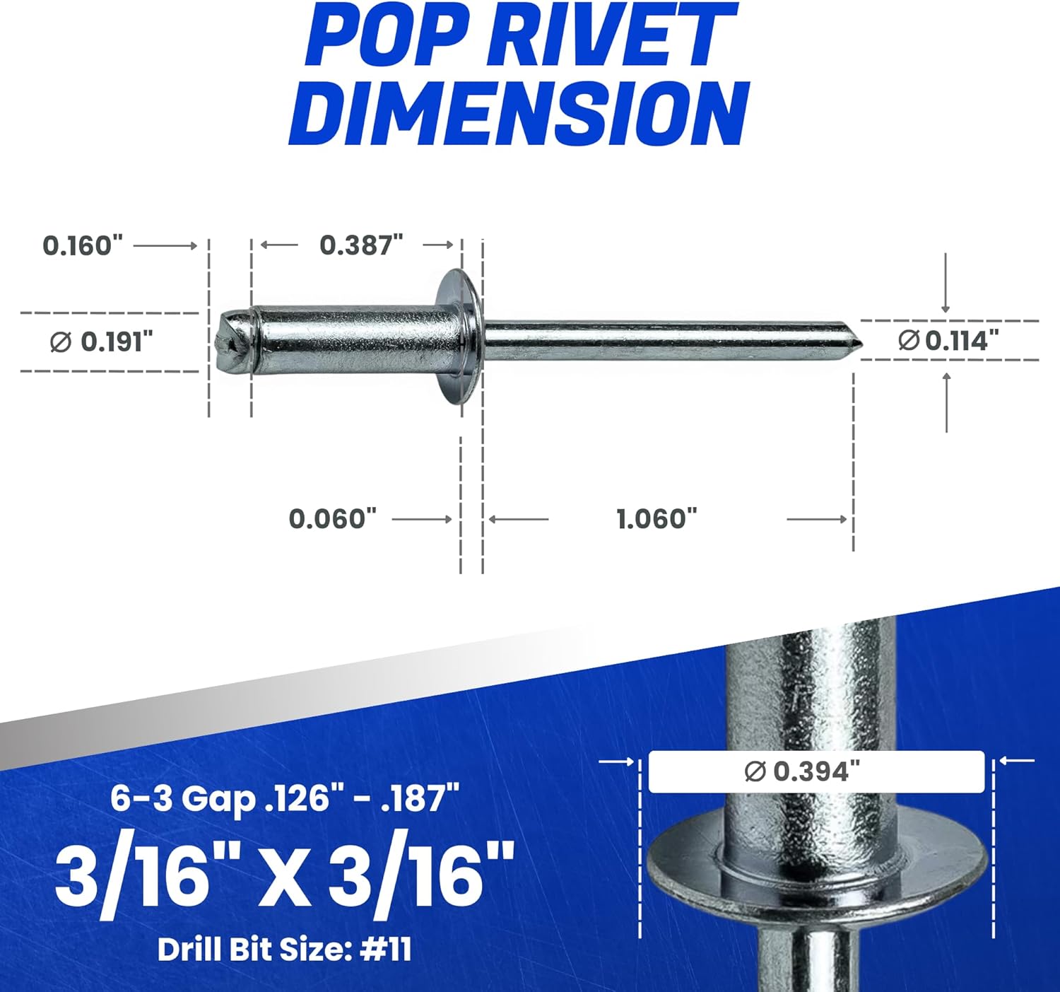 Fastenere Pop Rivets - 3/16" x 3/16" (100 pcs) Heavy Duty, Open-End, Low Carbon Steel, Dome-Head Blind Rivets, Corrosion-Resistant & High Shear Strength, 6-3 Gap 0.126"-0.187"