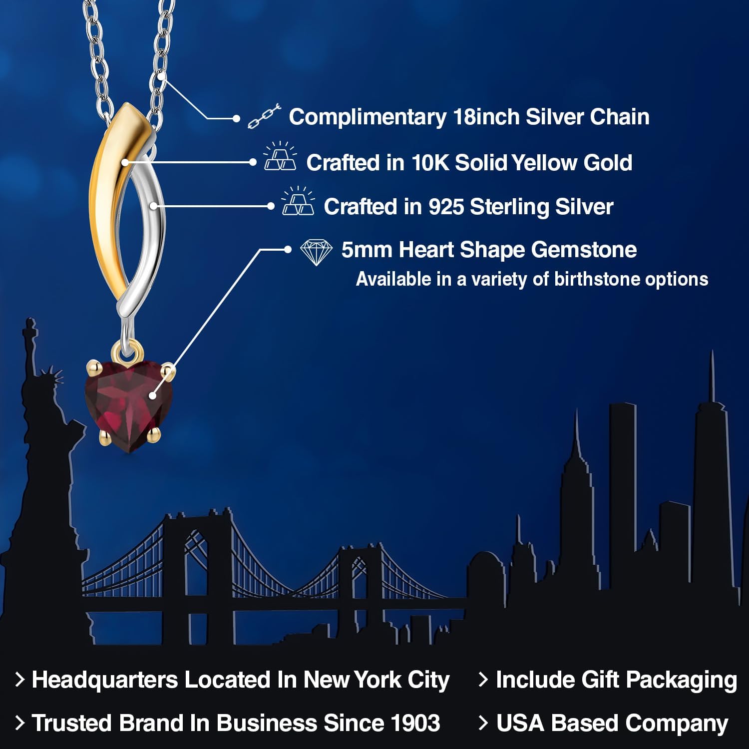 Gem Stone King 925 Silver and 10K Yellow Gold Red Rhodolite Garnet Pendant Necklace for Women | 0.55 Cttw | Gemstone January Birthstone | Heart Shape 5MM | With 18 Inch Silver Chain - Image 2