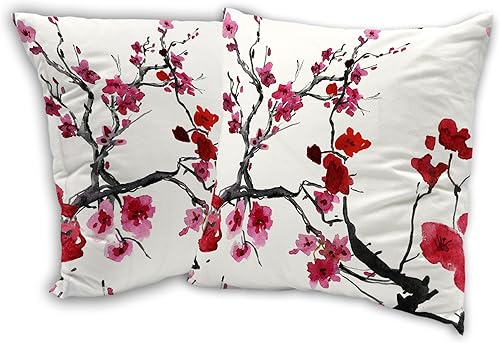 Juego de 2 fundas de almohada cuadradas de 18 x 18 pulgadas con diseño de flor de cerezo japonés, color rojo, para decoración del hogar, sala de