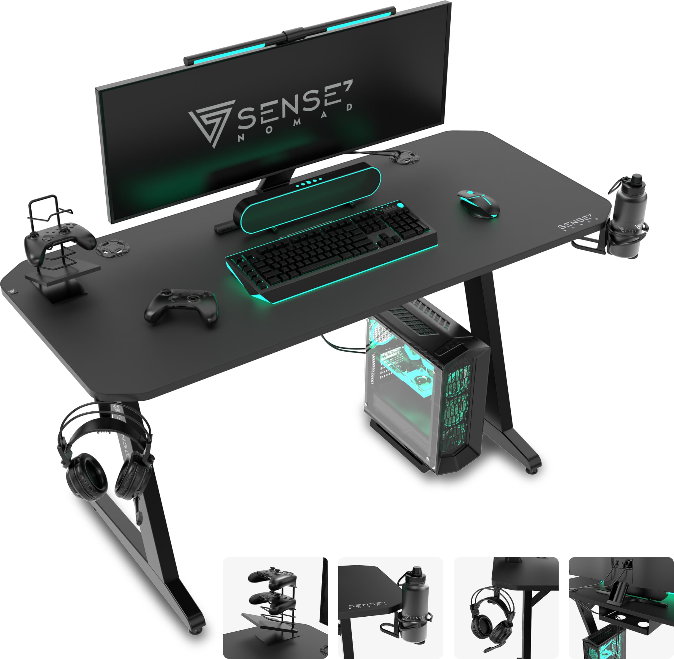 SENSE7 Scrivania Nomad Classic, tavolo gaming 140x60 con gancio per cuffie, porta bevande, supporto controller e superficie in fibra di carbonio, Ergonomico e ideale per il gaming