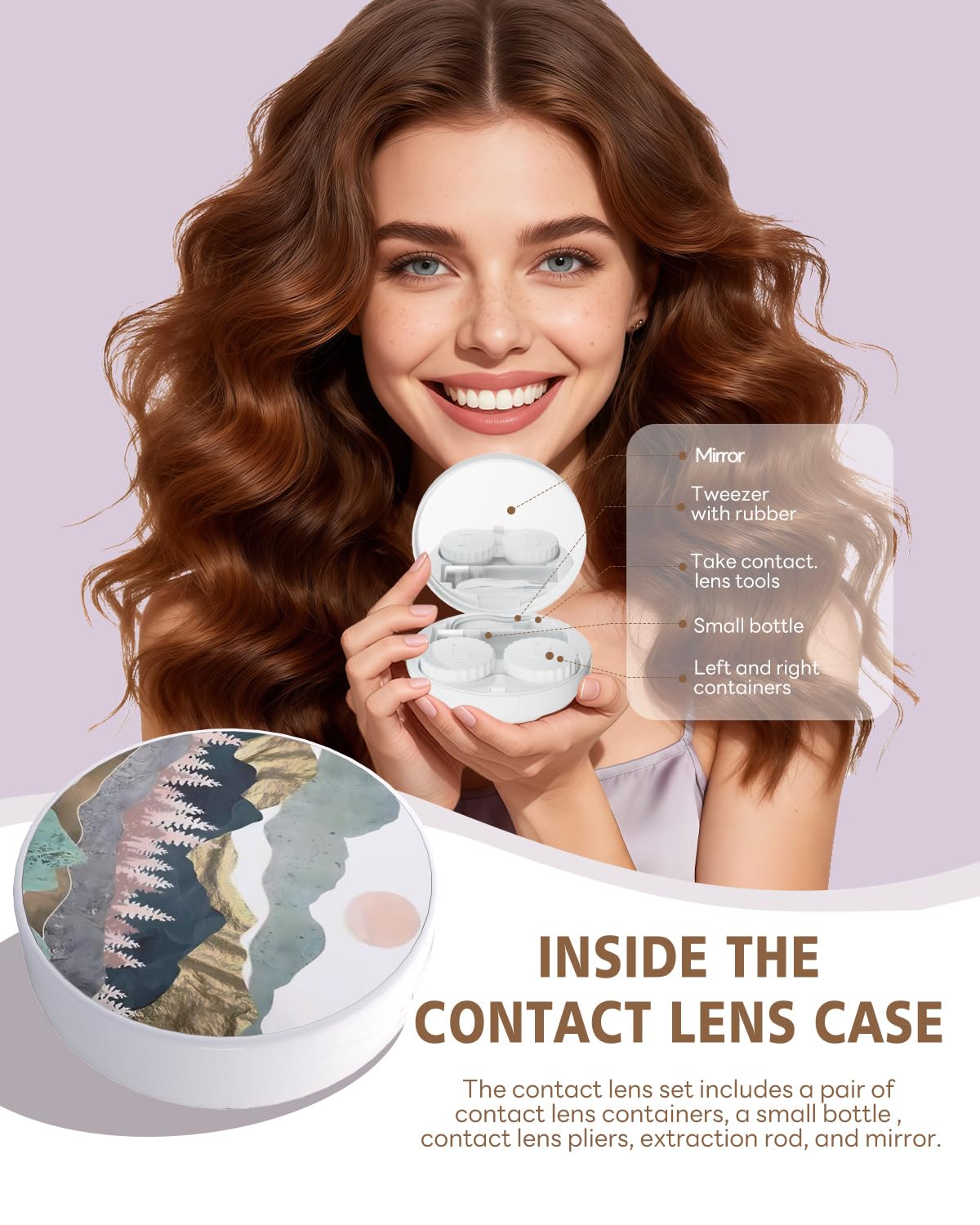 LRITER Estuche para lentes de contacto, estuches portátiles para lentes de contacto a prueba de fugas con espejo, adecuado para maquillaje diario, oficina, viajes al aire libre. (Escenería)