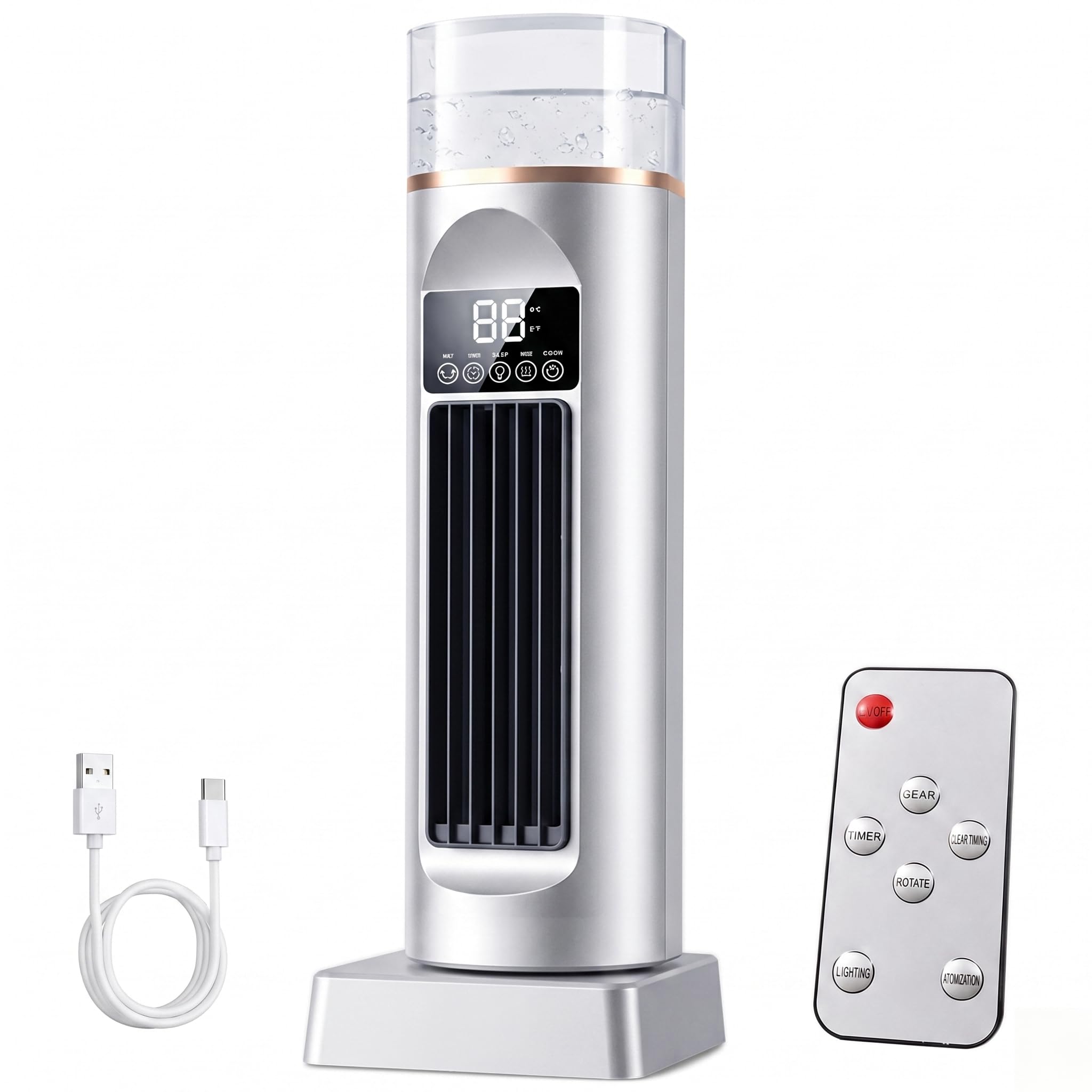 HXYSXHJUO Portable Evaporative Air Cooler Tower, Quiet Cooling Fan with Mist & 7-Color Night Light, 6 Speeds, Auto-Oscillation, Timer, Remote Control, USB Desk for Bedroom Home Office (White)