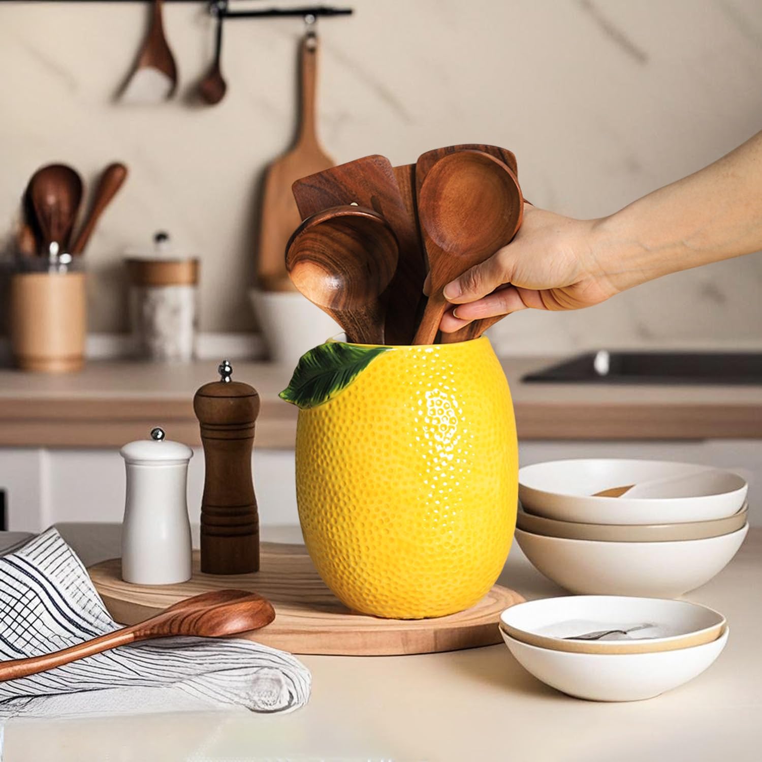 Lemon Shaped Ceramic Kitchen Utensil Holder, Large Cooking Utensil Crocks for Kitchen Countertop, Ceramic Utensil Organizer for Spatula-A
