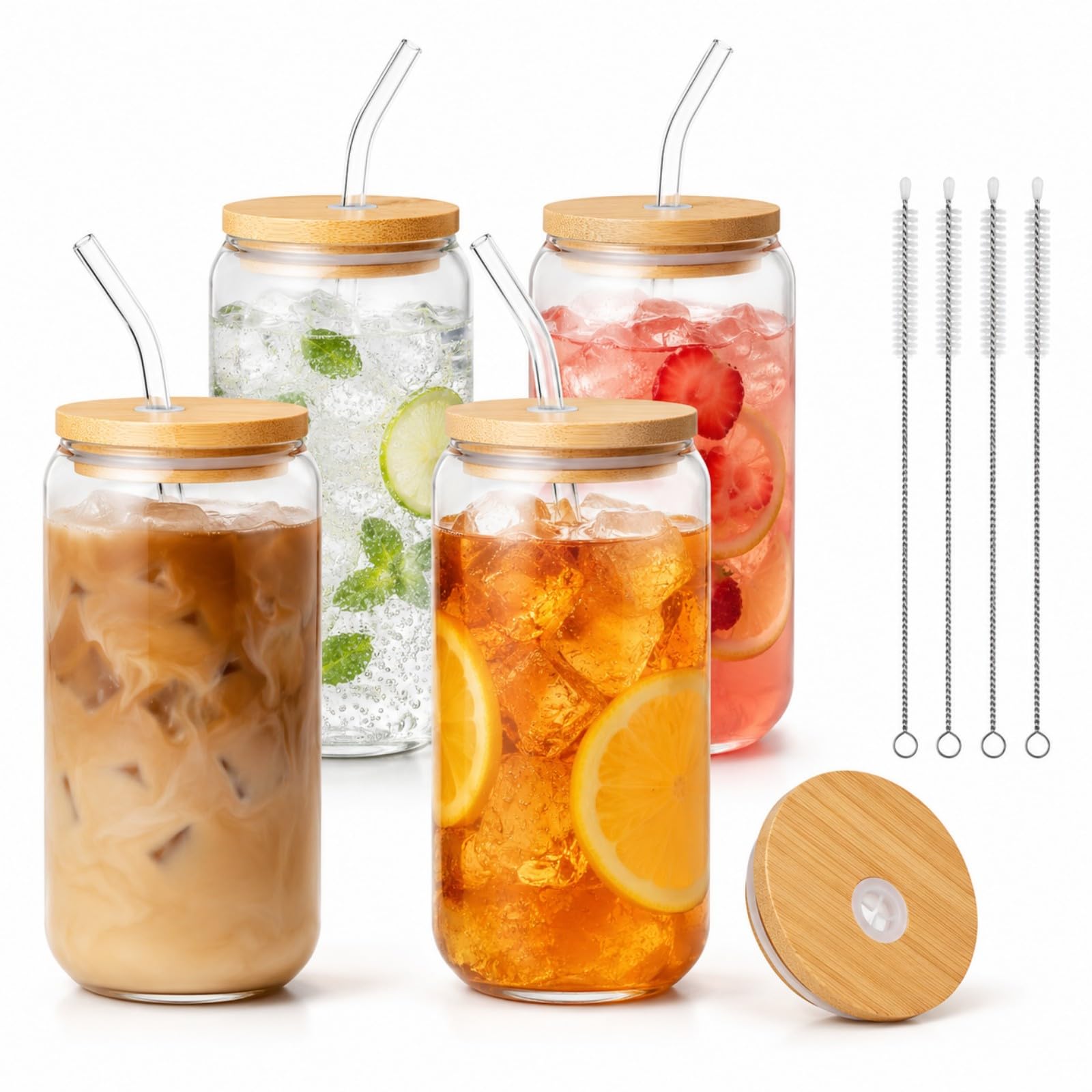 Glass Cups with Lids and Straws Set of 4, 16 oz Can Glasses with Bamboo Lids and Glass Straws, Iced Coffee Cups for First Apartments, Couples, Coffee Bar and Daily Drinks