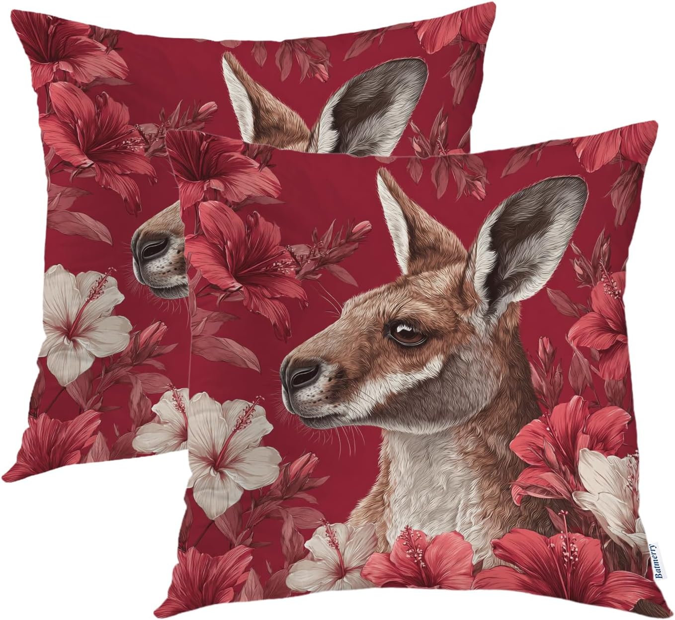 Batmerry Cute Kangaroo Throw Pillow Covers, Hibiscus Red Kangaroo Surrounded by Flowers Pillow Covers Digital Printing Blended Fabric for Couch Sofa Bed Invisible Zipper 20X20 in(Set of 2)