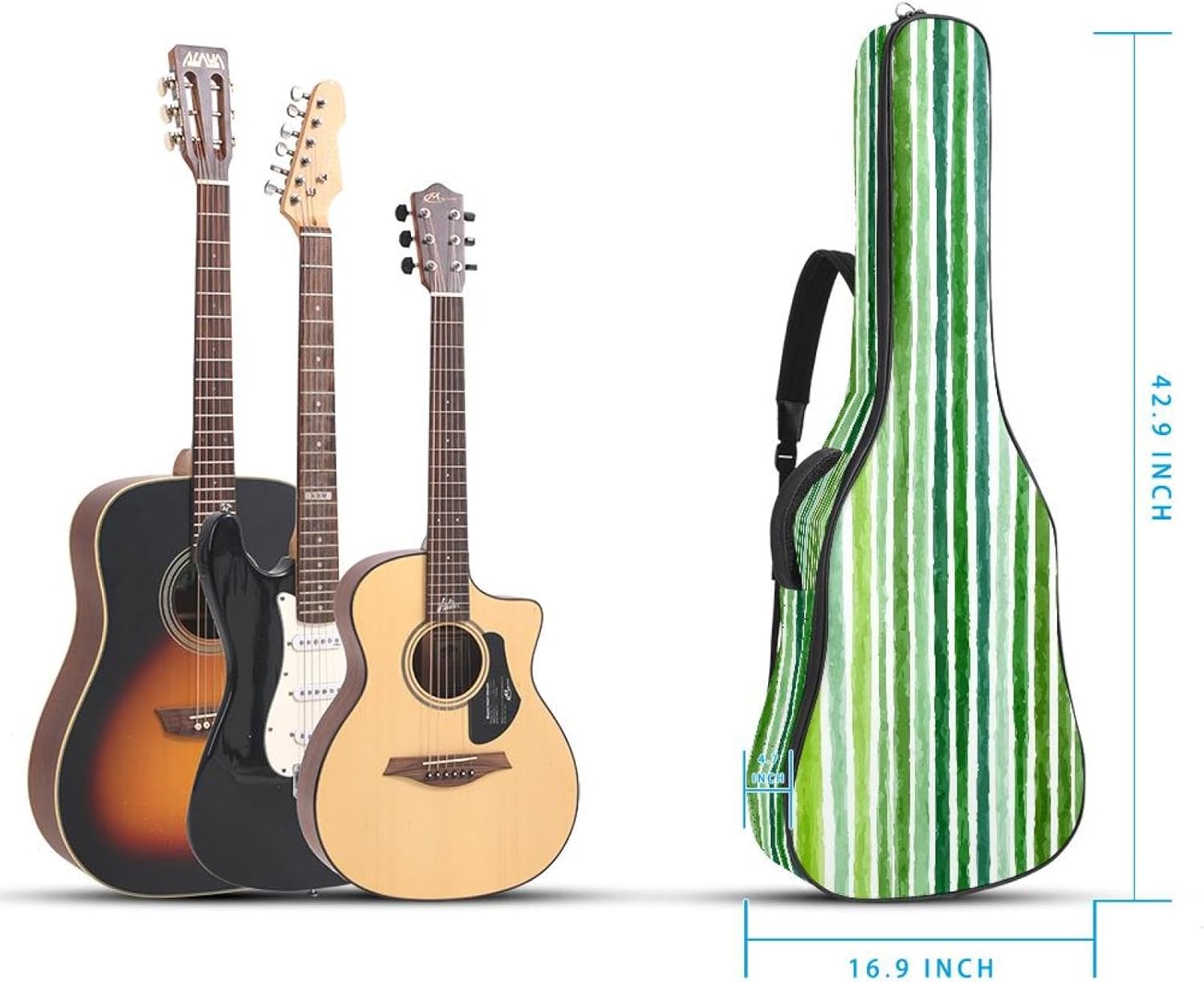 Acoustic Guitar Gig Bag 10mm Thick Padding, Soft Waterproof Guitar Case with Adjustable Backpack Straps for 40-42 Inch Guitar, Watercolor Green Striped Seamless Background