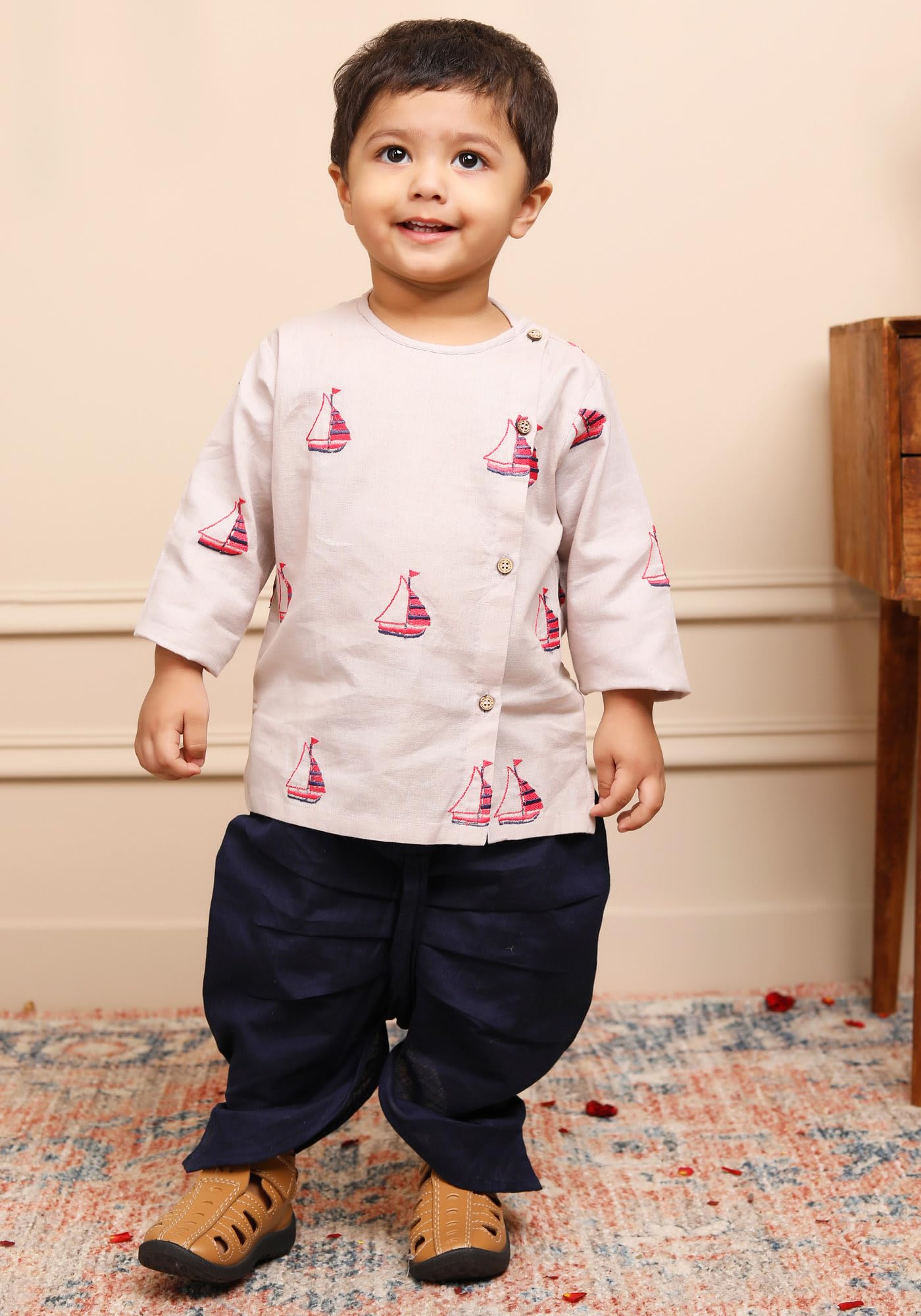POLKA TOTS Premium Cotton Dhoti Kurta Set Boys Kids Ethnic Wear Dhoti Kurta Traditional Dress for Toddlers | Full Sleeve Angrakha Kurta set for Boys (Boat Embroidery, 9-12 M) 3