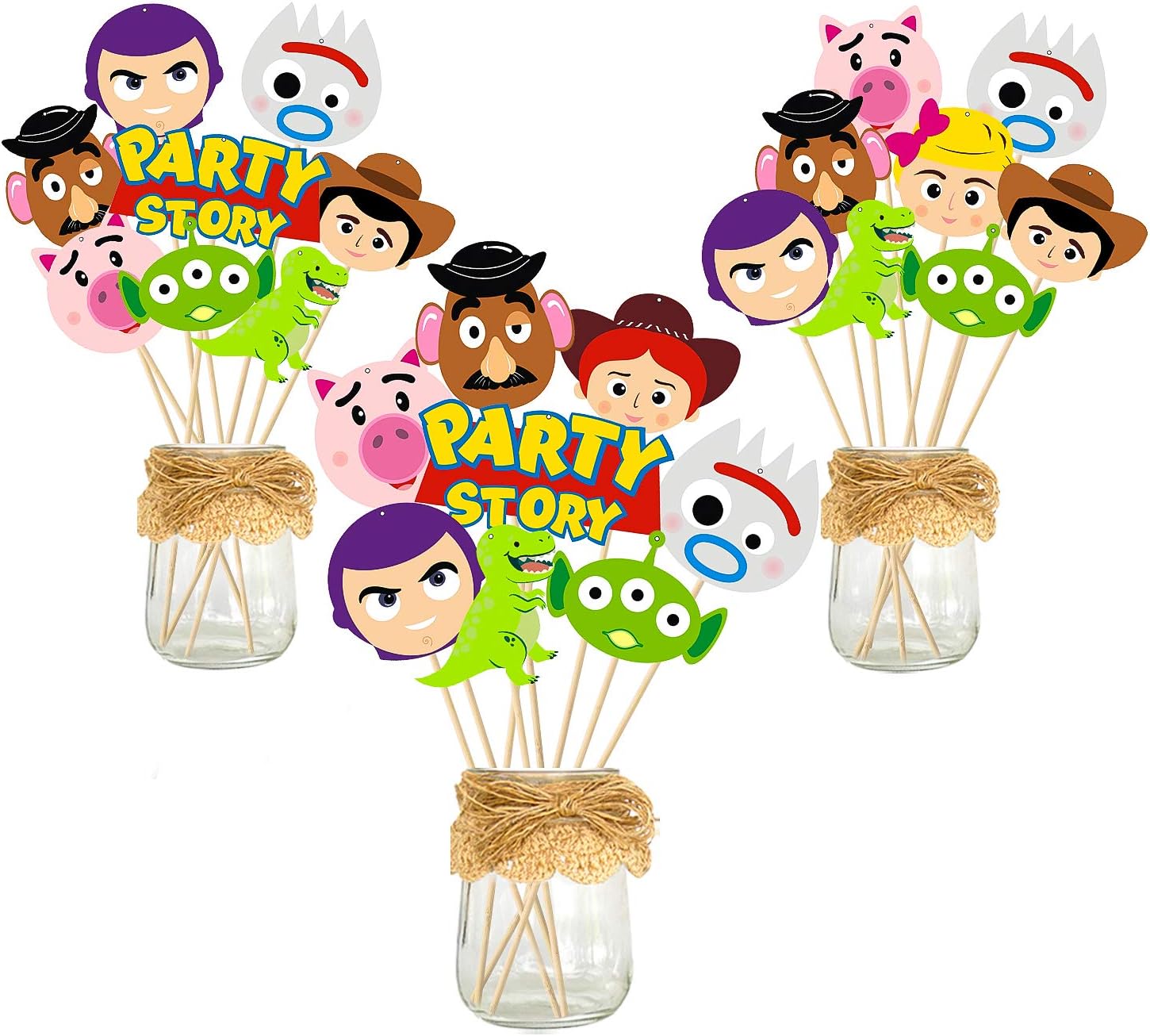 Ticiaga Toy 4 Party Favors, 30pcs Toy 4th Party Centerpiece Sticks Table Toppers for Birthday Party Decoration, Double Sided Party Photo Booth Props Mix of Fork, Woody, Buzz Lightyear Cake topper