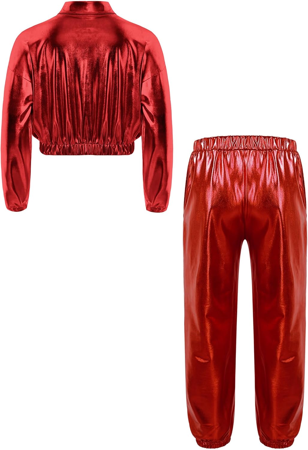 Linjinx Kids Boys Girls Hip-hop Jazz Street Dance Outfits Long Sleeve Bomber Jacket with Shiny Metallic Harem Pants Set Red 10 Years