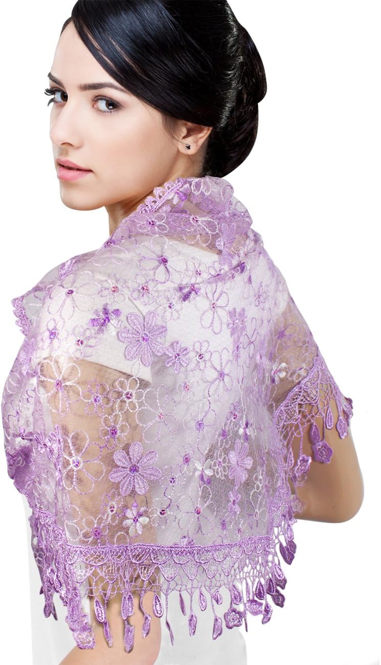 Dahlia Women's Triangle Evening Scarf - Floral Sequin Lace - Purple