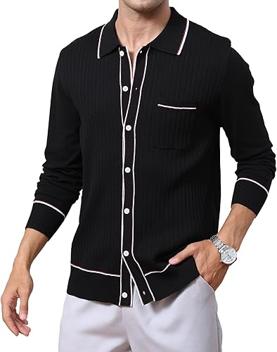 Polo de punto de moda para hombre, manga larga, con botones, cuello de solapa, vintage, suéter de golf