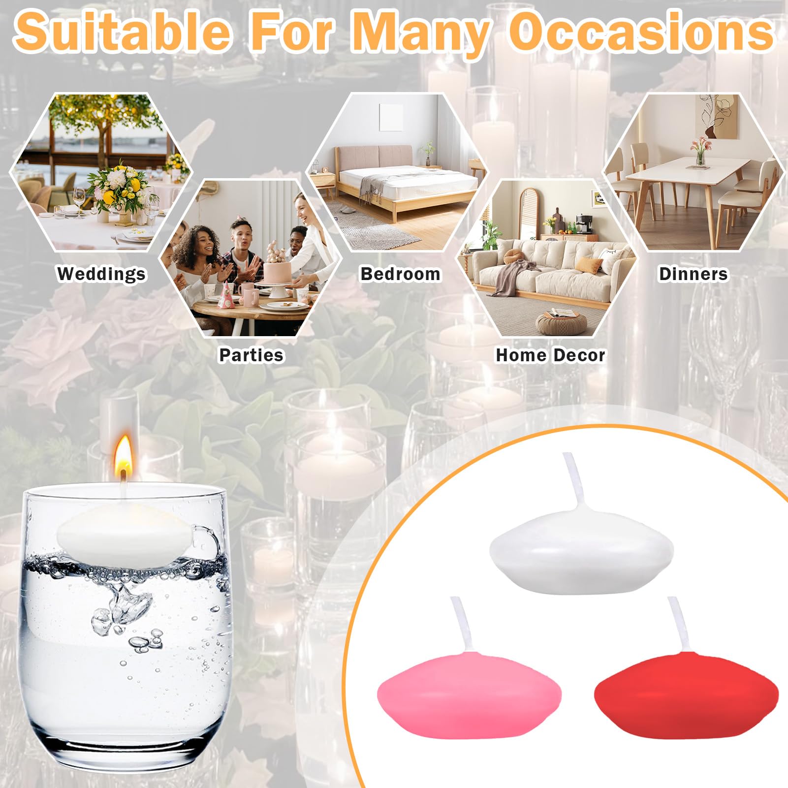 Candele Galleggianti 36 Pezzi - Bianche, Rosa, Rosse | Paraffina Senza Fumo, 3.8x1.5 Cm