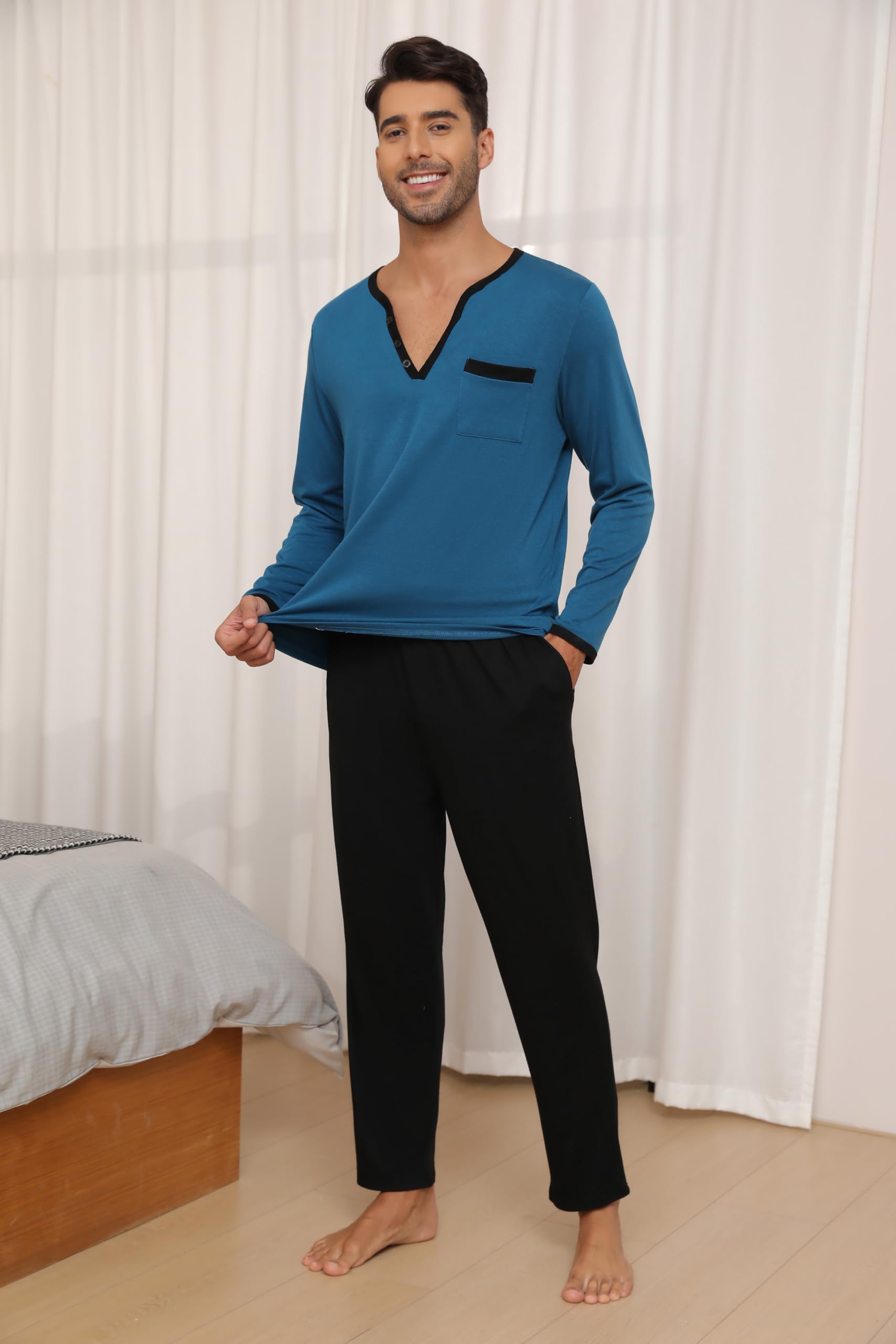 Pigiami Due Pezzi Uomo Maglia Maniche Lunghe + Pantaloni, Pigiami e Abbigliamento da Notte
