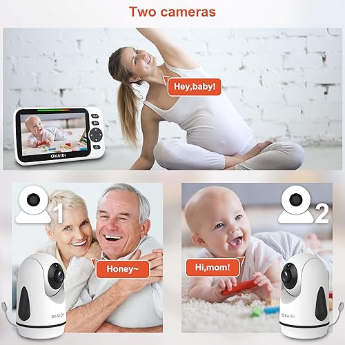 Miniatura 3 de OKAIDI Monitor de video para bebés con 2 cámaras, pantalla de 5 pulgadas, monitor de bebé sin WiFi, batería de 30 horas y rango de 1000 pies, cámara