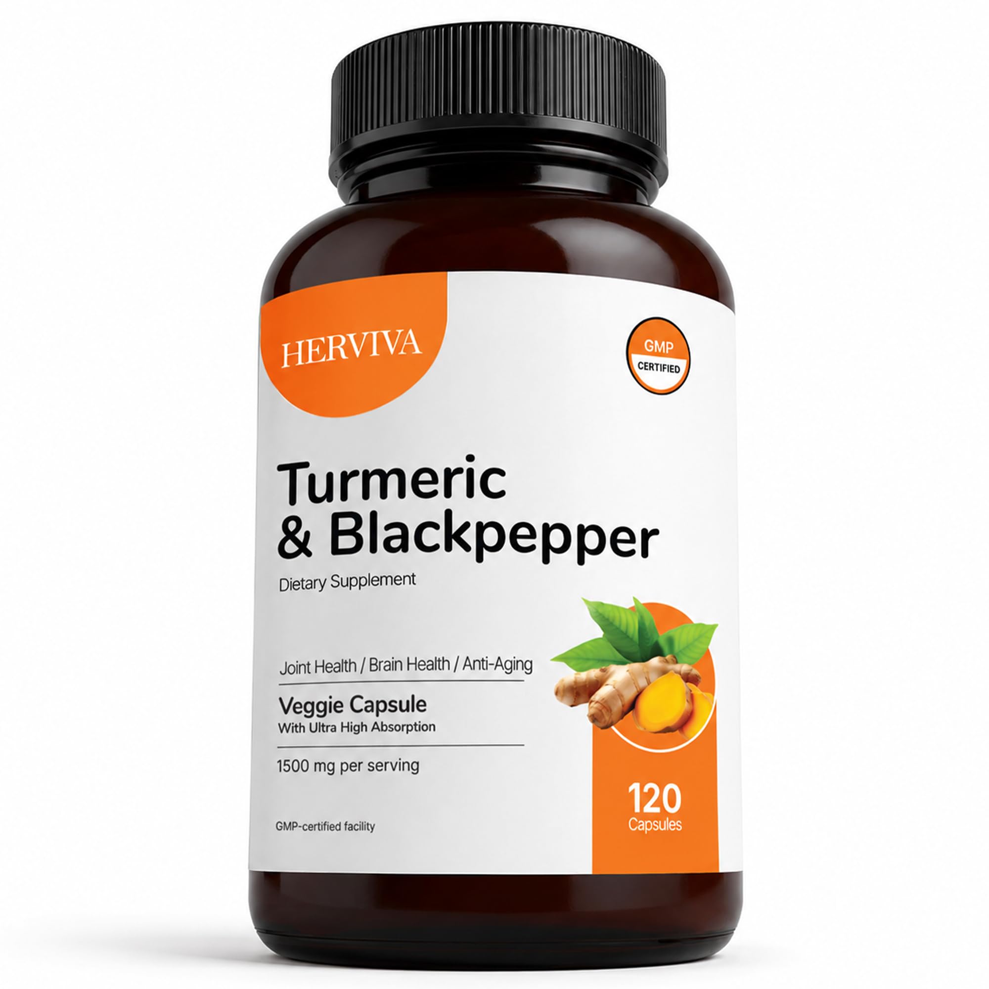 Turmeric Curcumin 1500mg with Black Pepper 5mg – High Potency, Vegan Capsules – Non-GMO, Gluten-Free – 120 Count