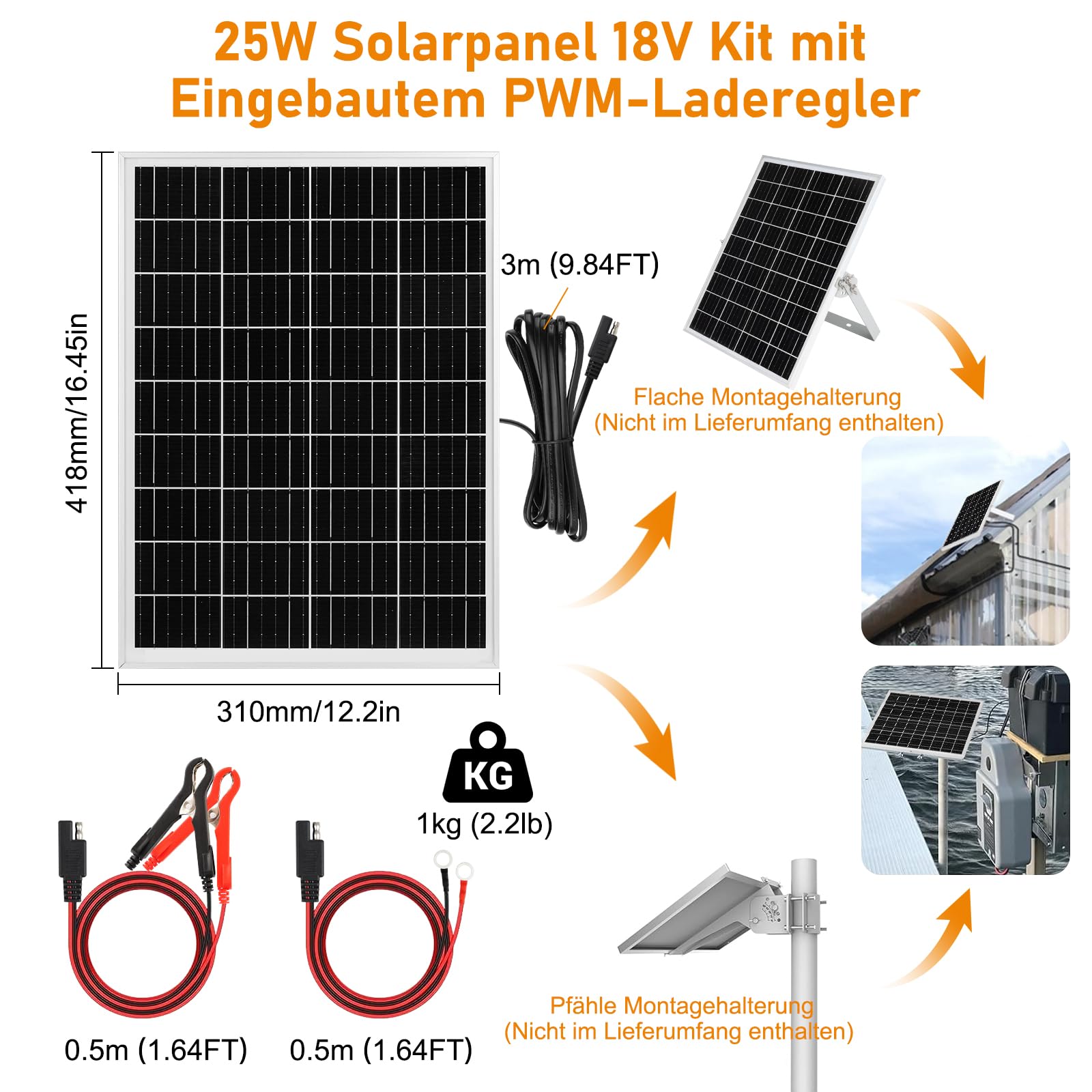 【25W Solar Autobatterie Ladegerät 18V Kit】DERUXI 25 W Solarpanel: Mono Solarmodul 25W Solar Panel mit Eingebautem PWMs Laderegler+2 Paar Solarkabel, PV Solarmodule für 12V GEL, AGM, LiFePO₄-Batterien