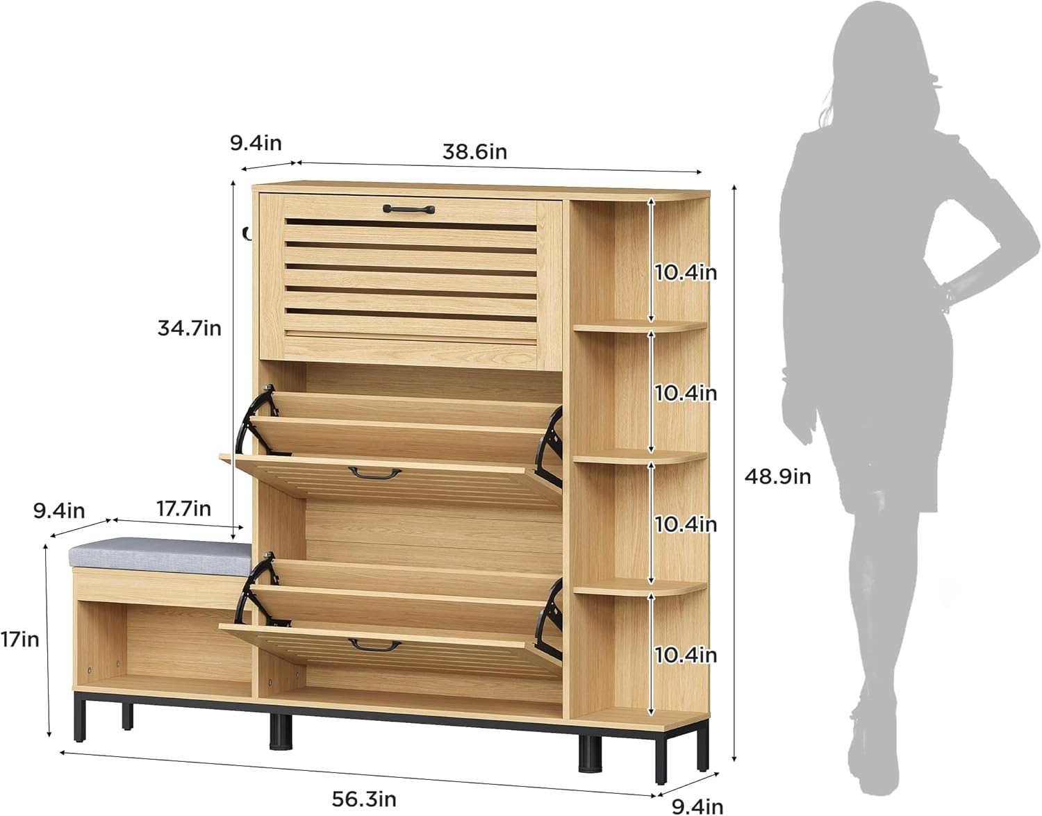 Maupvit Narrow Shoe Cabinet with Bench for Entryway, 3 Flip Louvered Doors & Side Storage Cabinet, 44" H Shoes Organizer with Upholstered Seat & Hooks for Front Door Entrance, Oak
