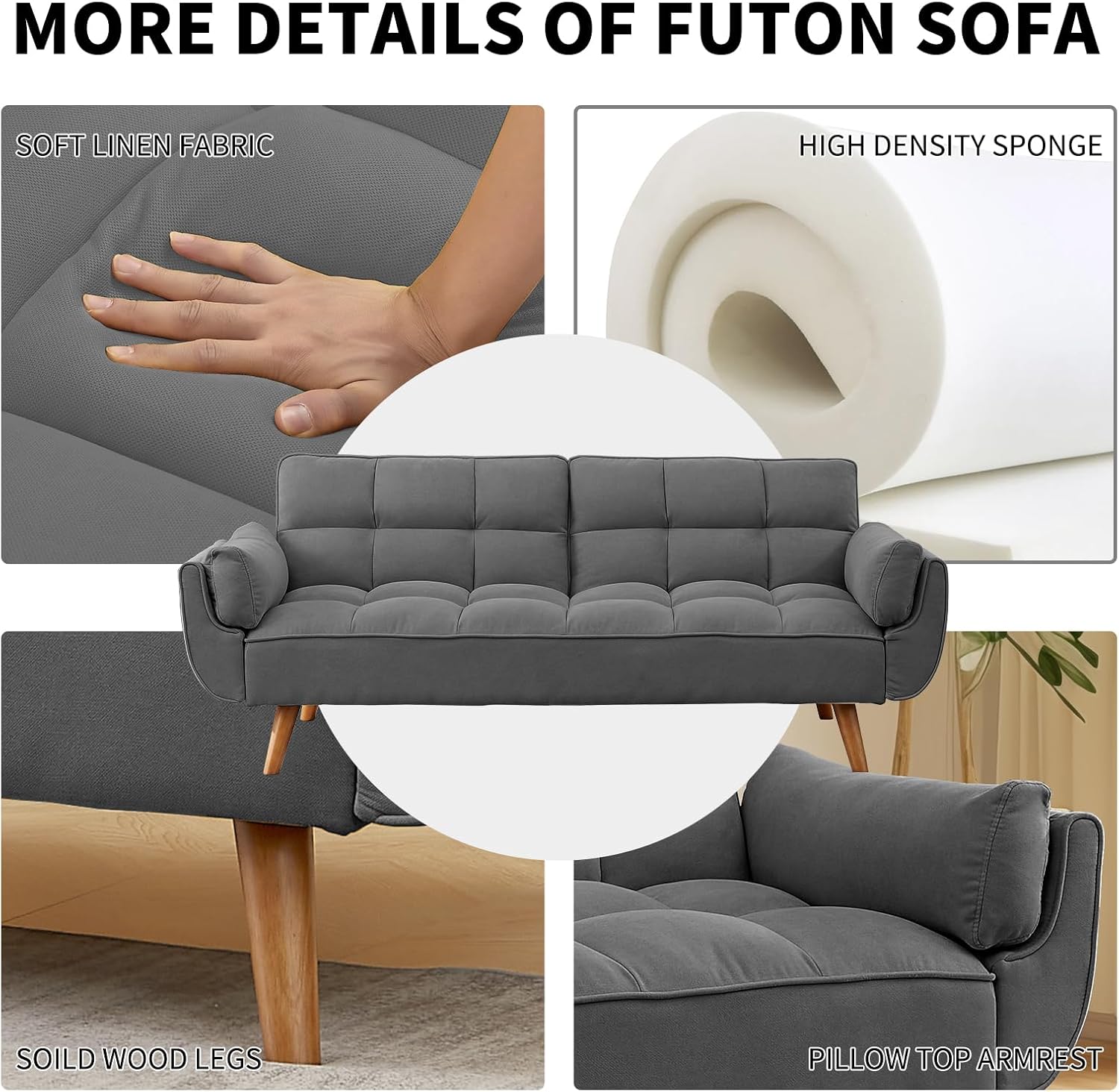Close-up view of the sofa's soft linen fabric and sturdy solid wood legs, highlighting material quality.