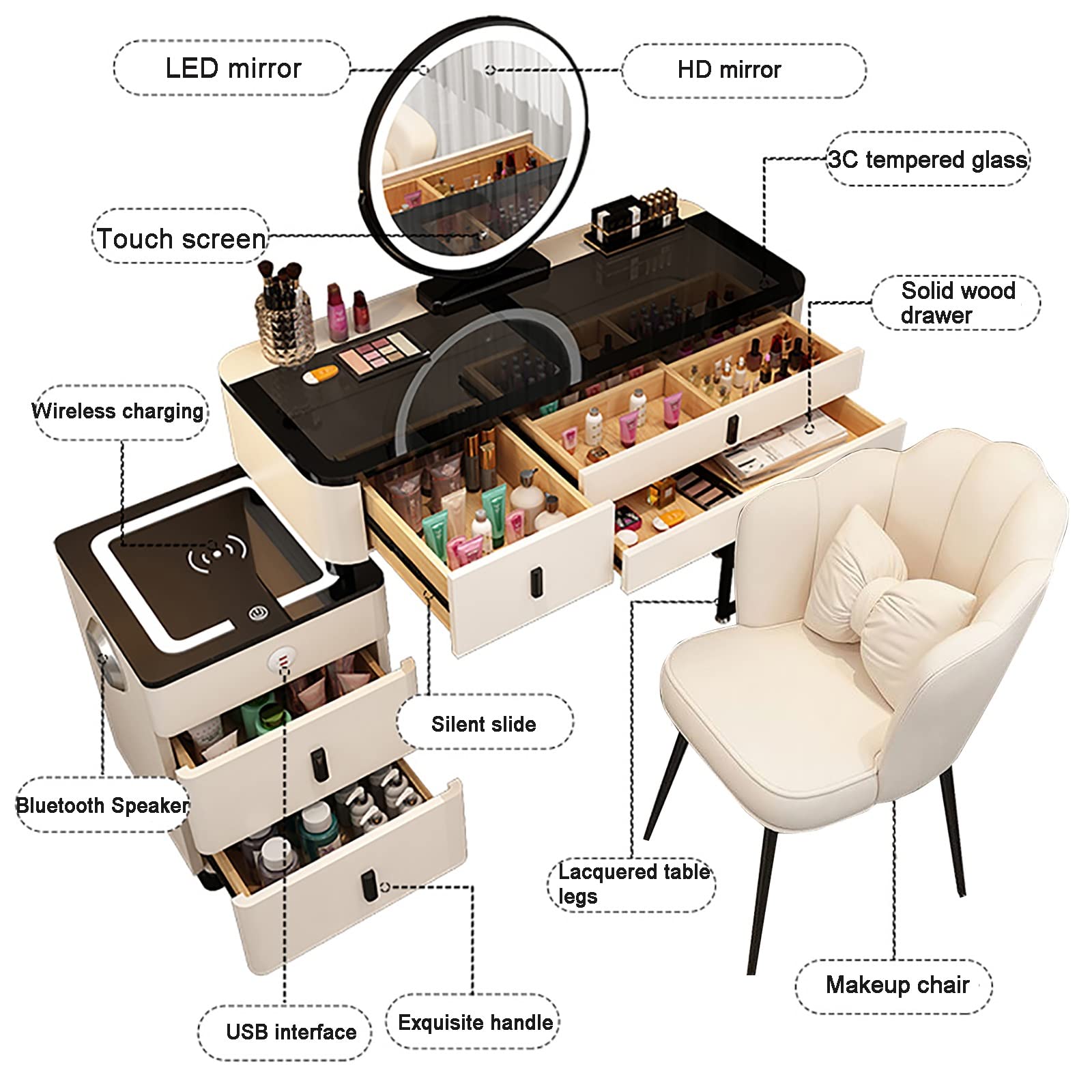 Make-Uptafel - Make-Upijdelheid Met Draadloos Laadstation En Bluetooth- Luidspreker, Inclusief Led-Make-Upspiegel, 5 Massief Houten Lades En Make-Upkruk, Voor Familieslaapkamer (Color : White b, Size