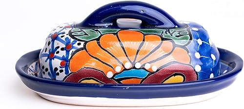 Mantequillera Talavera de cerámica con tapa pintada a mano auténtica cerámica mexicana cocina diseño floral (azul)