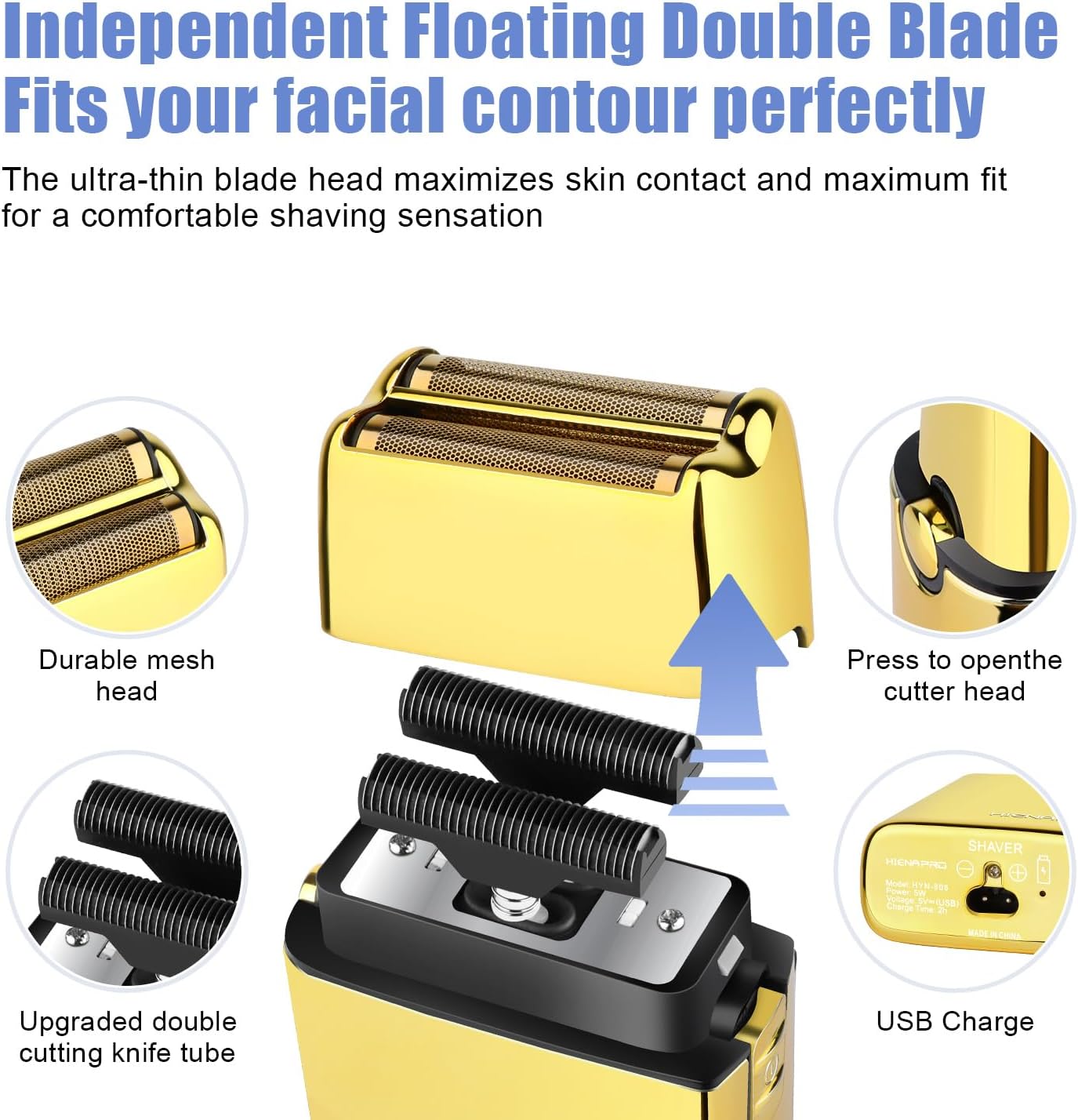 HIENA PRO Foil Shaver for Men Barber, Double Electric Foil Trimmer, Professional Electric Razor, Close Shaver, Cordless Rechargeable with USB, Gold