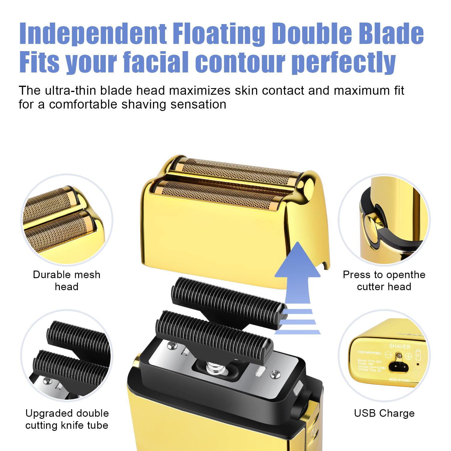 HIENA PRO HYN-808 Cordless Double Foil Shaver for Men, Gold