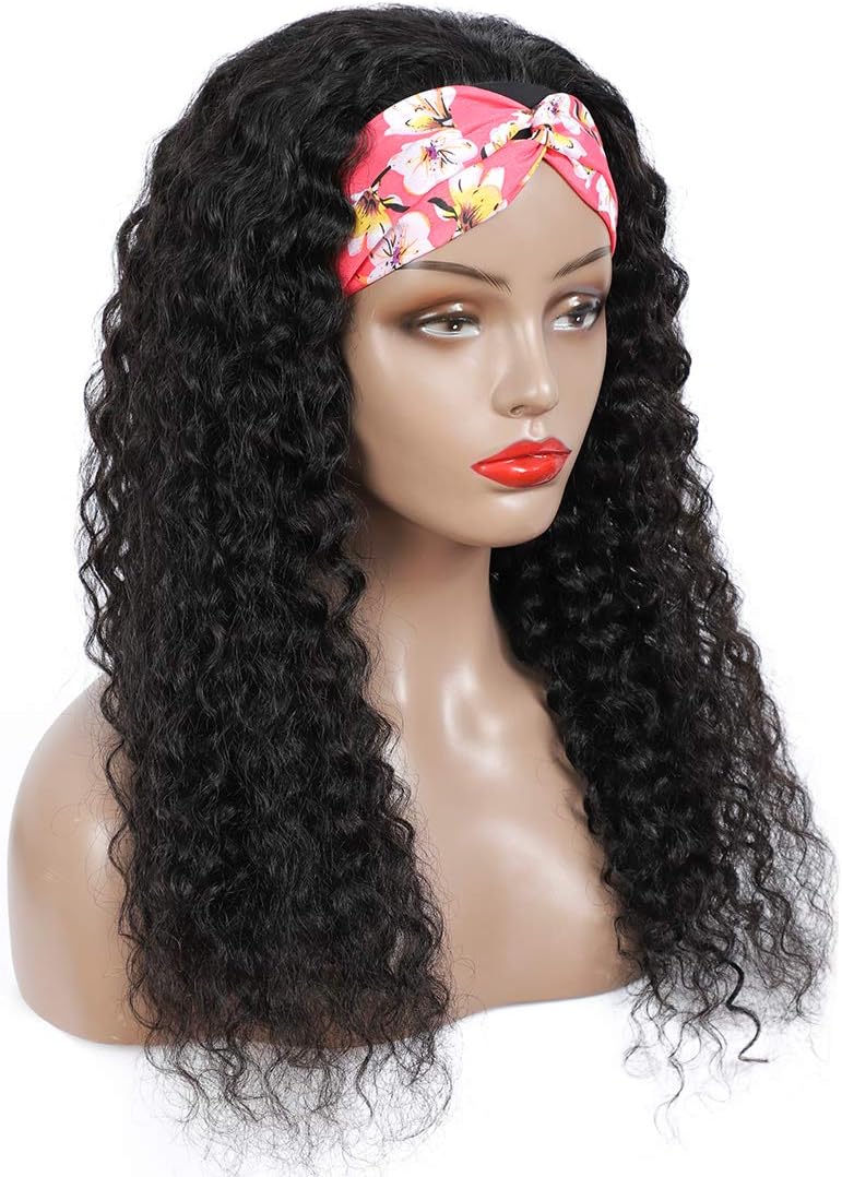 Funky girl Curly Headband Wig Human Hair Water Wave Headband Wigs for Black Women Glueless None Lace Front Half Wig with Headband Attached 12 Inch