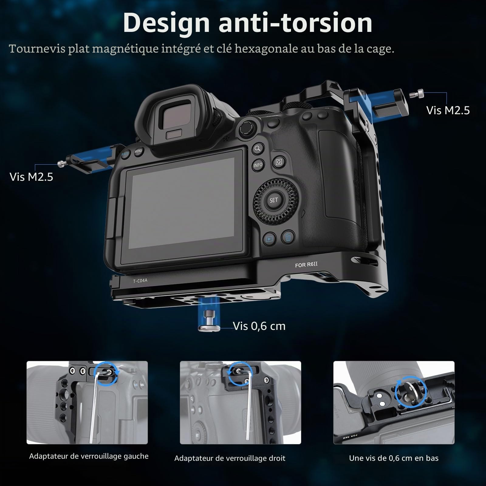 Nitze Cage Compatible avec Canon R6 Mark III/ R6 Mark II/ R5 C/ R5/ R6,avec NATO Rail Intégré, Double Cold Shoe et Plaque de Dégagement Rapide Arca - T-C04A