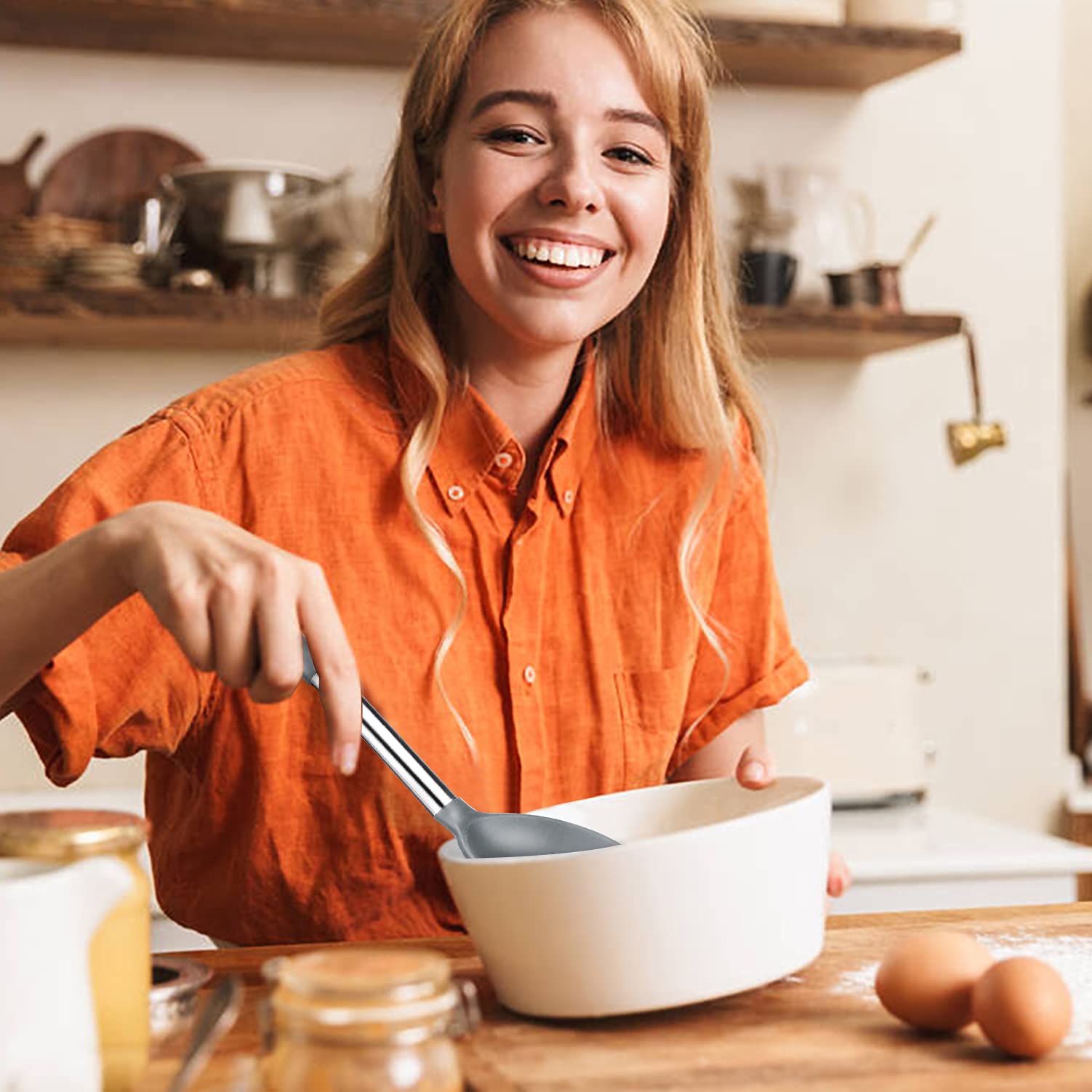 Juego de 4 espátulas y cucharas de cocina de silicona grandes, ranuradas y sólidas utensilios de cocina de acero inoxidable, antiadherentes, resistentes al calor, para hornear, mezclar, servir (gris)