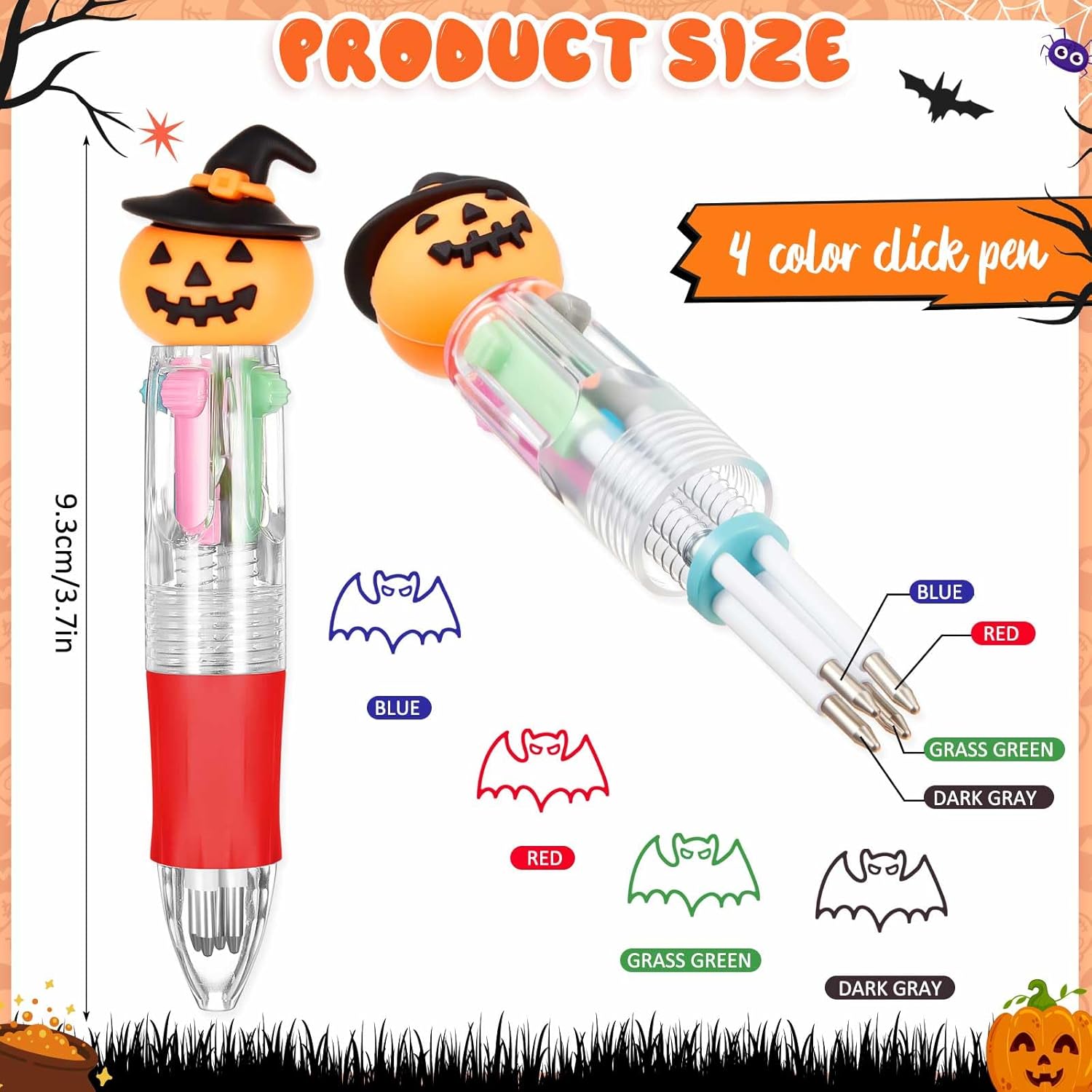 Kosiz 48 Pcs Halloween Fun Pen Bulk Mini Multicolor 4 in 1 Ballpoint Cute Retractable Pens for Winter Holiday Birthdays Parties Prizes Office Writing Supplies Goodie Bag Stuffers