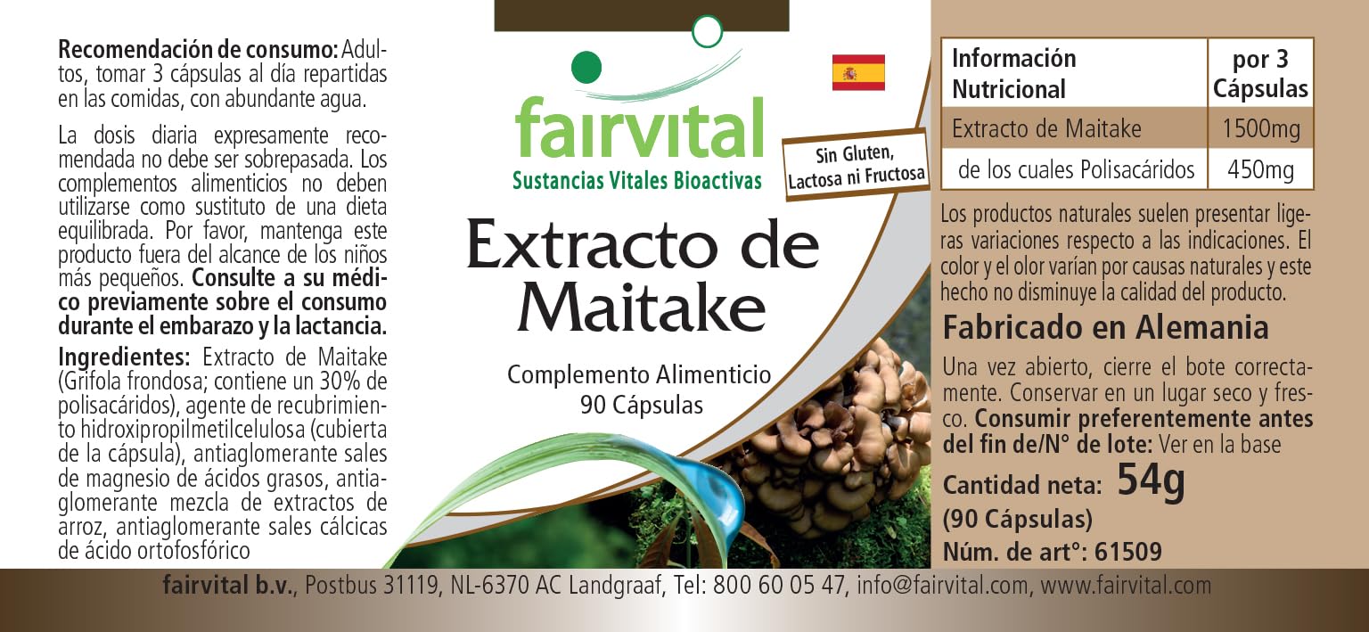 fairvital Estratto di Maitake 500 mg, 90 capsule, facili da deglutire, ALTO DOSAGGIO, Grifola frondosa, 30% di polisaccaridi, VEGANO