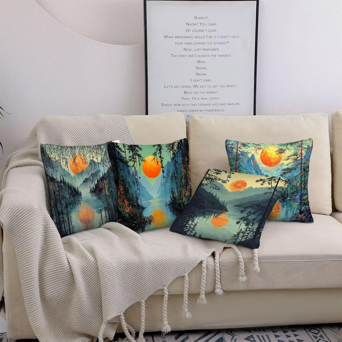 Set de 4 Cojines de Terciopelo 60x60 cm Montañas atardecer Fundas de Cojín Decor para Sofá o Silla Fundas de Cojín con Cremallera Invisible Sofá Salón Dormitorio Exteriores Cojines Decor I-1424