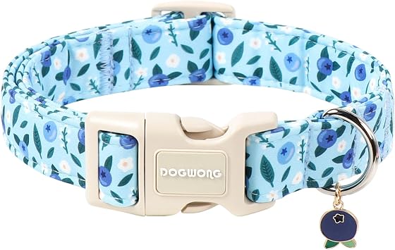 Blueberry Pattern Dog Collar, Cute Light Blue Spring Summer Puppy Collar - Soft Adjustable Dog Collars for Small Medium Large Dogs, Neck 14-21 inches