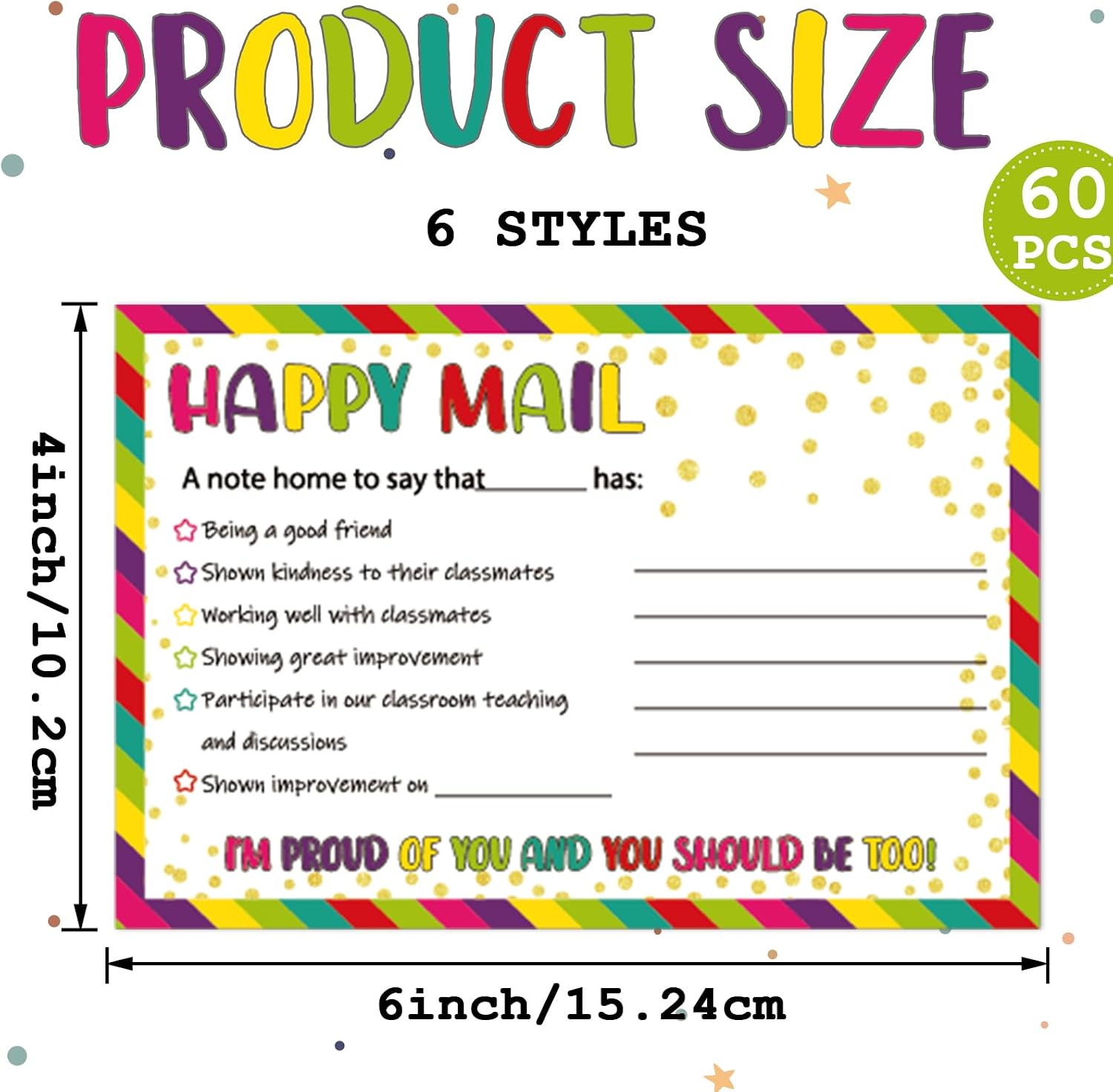 60Pcs Colorful Happy Mail Teacher Notes to Parents Classroom Good Behavior Incentive Motivational Cards Positive Postcards to Send Home for Home Classroom Kindergarten Elementary School
