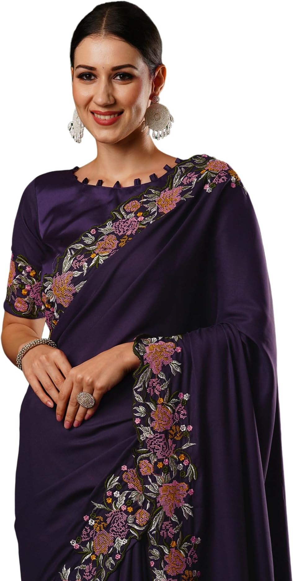 SIRIL Women's Satin Embroidery And Scalloped Border Saree With Unstitched Blouse Piece