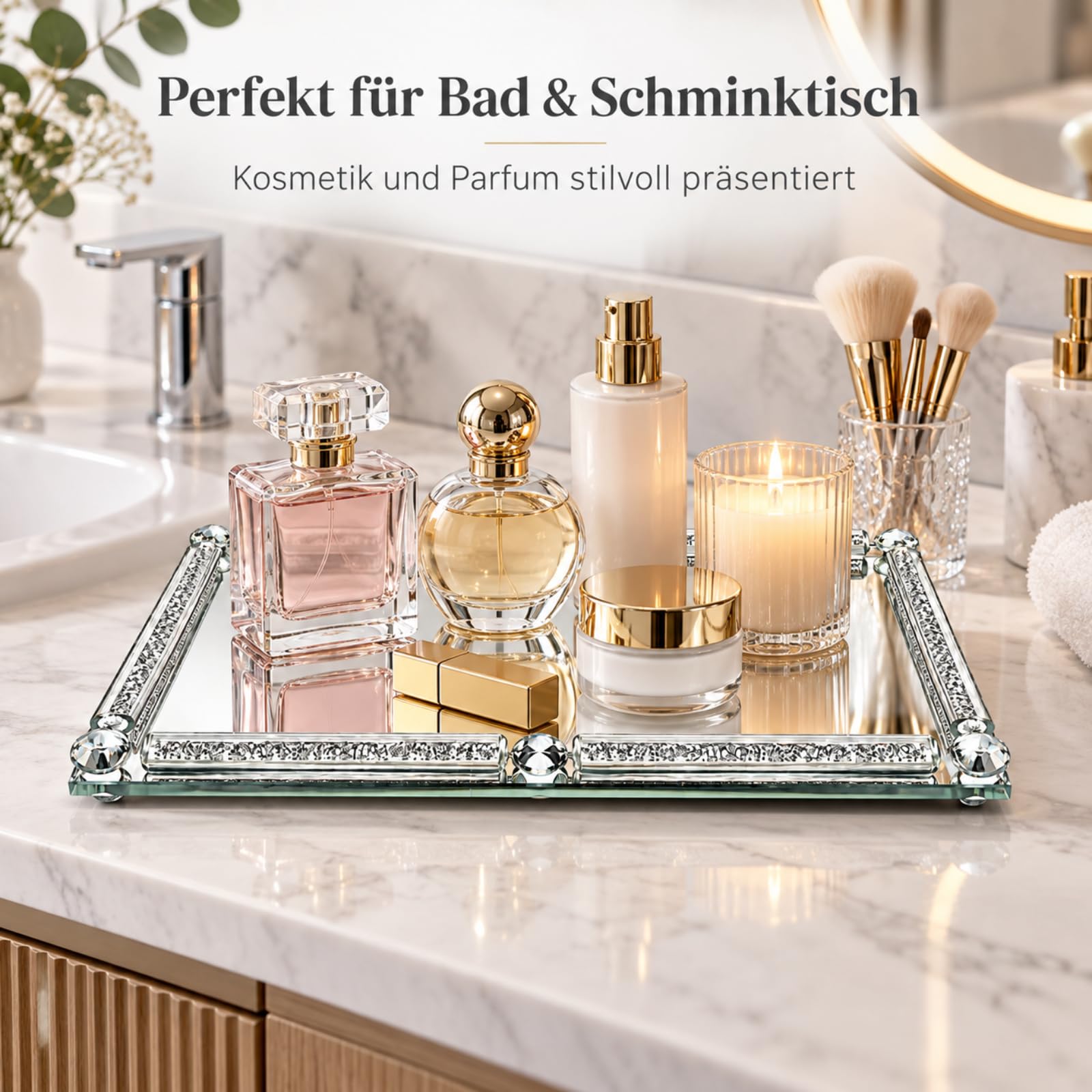 Nuscen Spiegeltablett mit Kristallrand, (40x30cm) Gläserne Ablage Silber