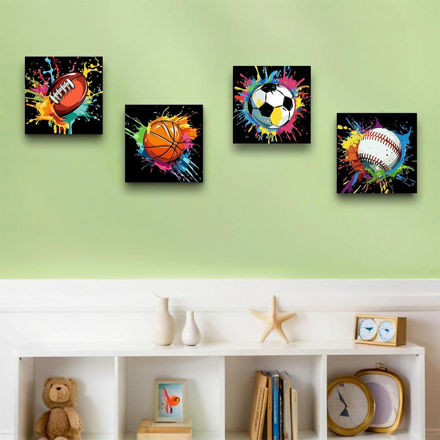 bleihum 4 Pack Paint by Numbers Kit for Kids with Frame Wooden Easel, Easy Paint by Number Kids Sports, DIY Acrylic Oil Football Painting by Numbers for Home Wall Decor 8x8 Inch