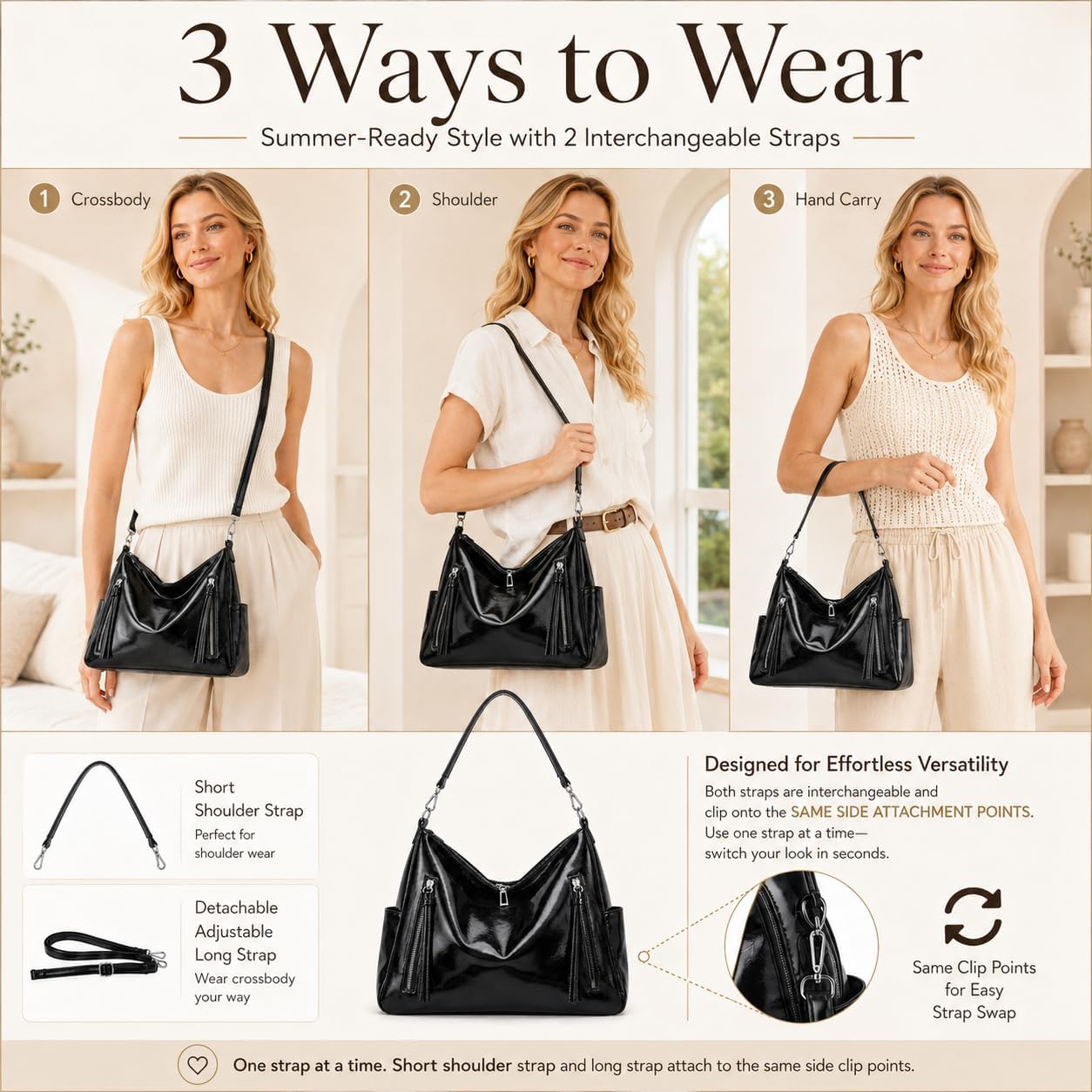 Hobo Handbag for Women Retro Glossy Vegan Leather Shoulder Bag Elegant Purse with Zippers for Work Travel Daily Use