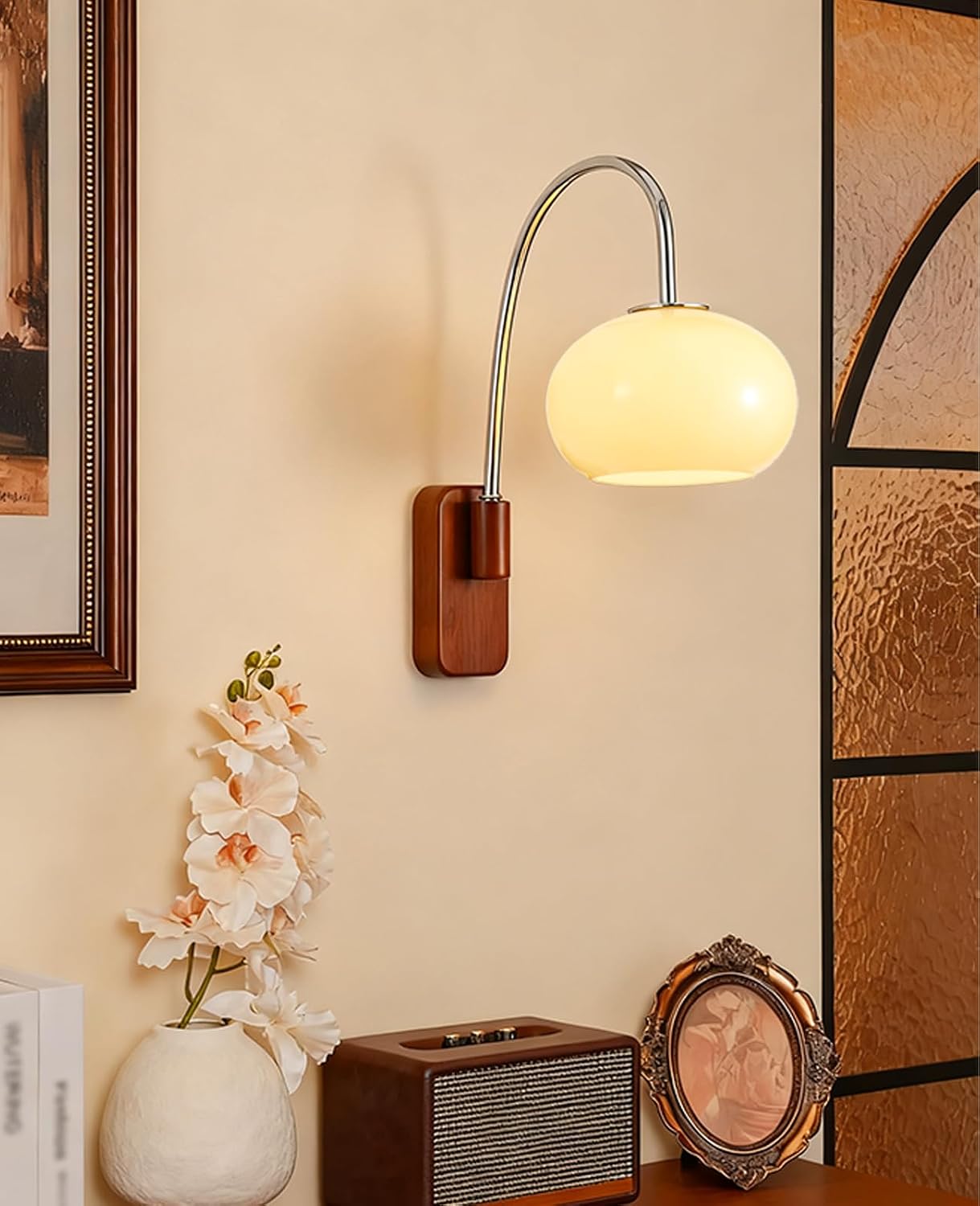 Mid Century Modern Wall Sconce, 15.7" H Vintage Milk Glass Sconce with Curved Arm Wood Base, Hardwired G9 3 Color Bulbs Dimmable Energy MCM Wall Light Fixture for Bedside Bedroom Living Room