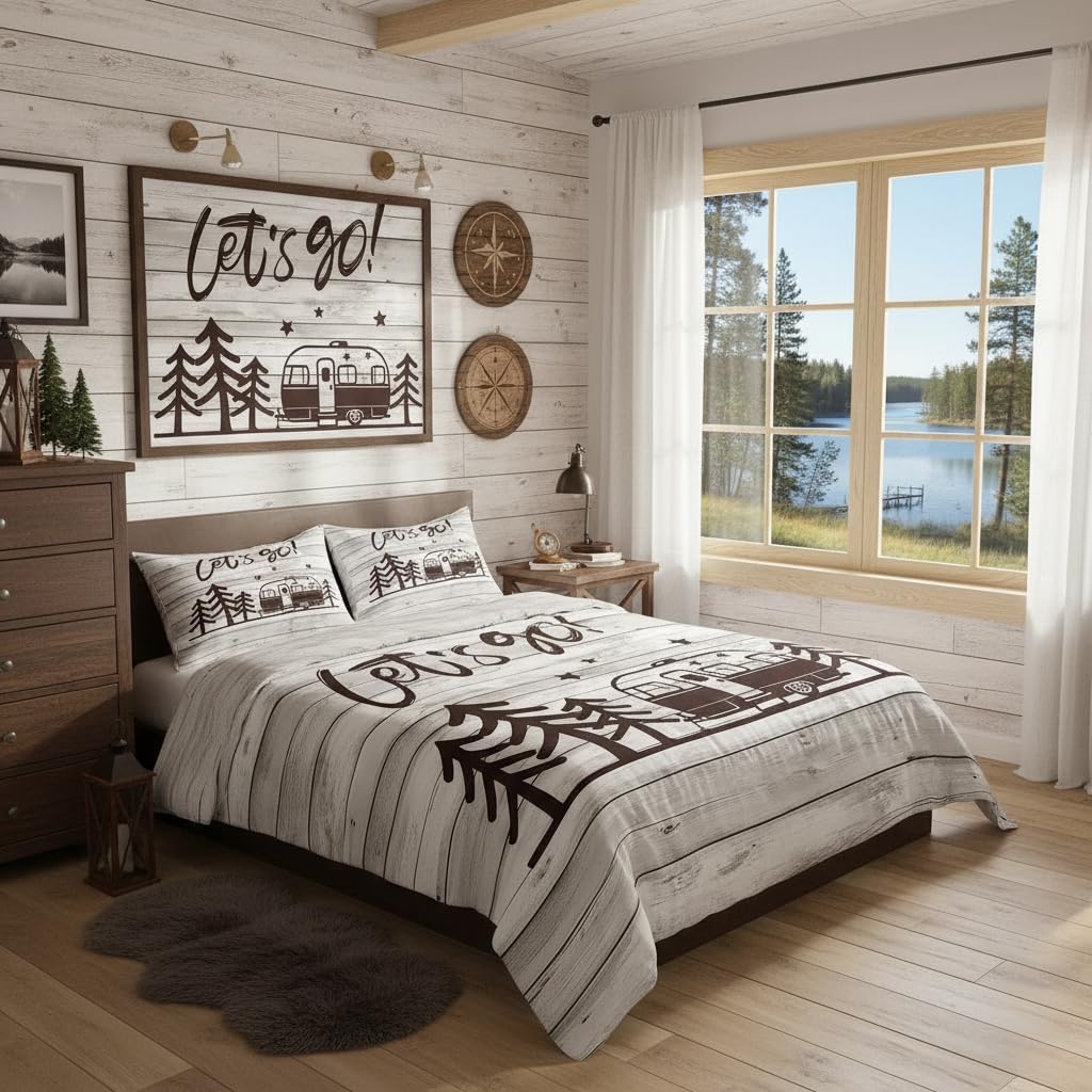 Happy Camping Duvet Cover Queen Size Travel Car and Tree Comforter Cover with 2 Pillowcase for Teens Kids Camper Bedding Set Vintage Wood Panels Breathable 3 Pcs Decorative Bed Cover(No Comforter)