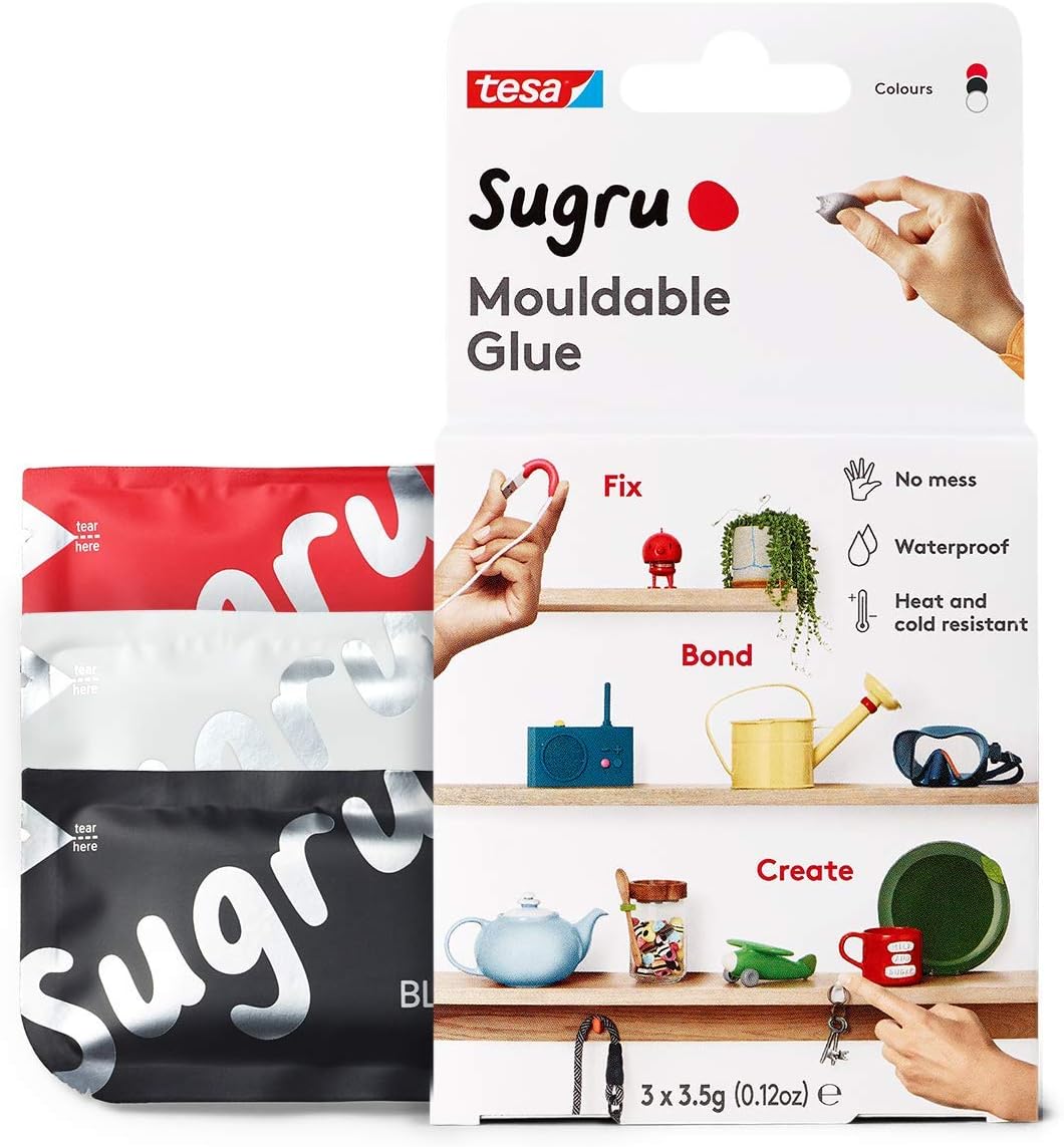 Sugru Mouldable Glue - All-Purpose Adhesive, In Red, White & Black, Advanced Silicone Technology - Holds up to 4.4 lb - 3 Pack
