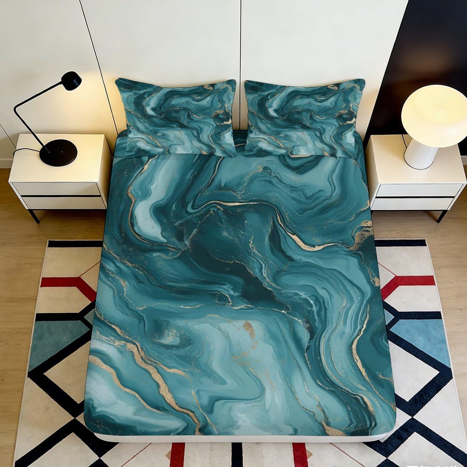 3D Printed Blue Marble Fitted Sheet Microfiber Soft Breathable Abstract Swirl Bed Sheet Mattress Cover for Bedroom Dormitory Guest Room Mattress Protection 120x200x25cm