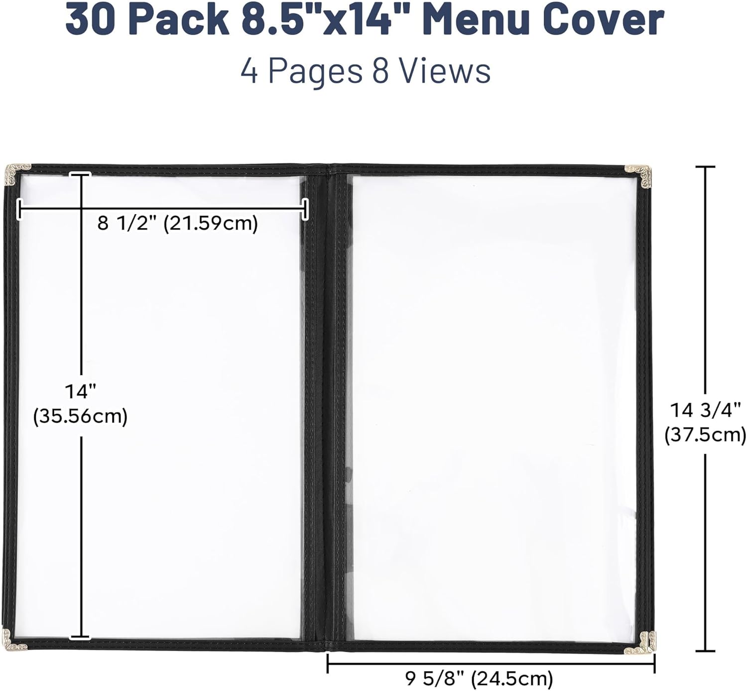 WeChef 30 Pack Restaurant Menu Covers 8.5 x 14" Book Style 4 Page 8 View PVC Transparent Restaurant Menu Holder Book Cafe Hotel Club Pub Bar Black