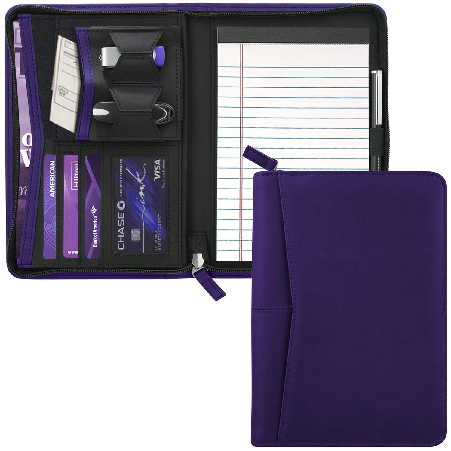 Gorbado Small Portfolio Organizer, A5 Zippered Business Portfolio, Junior Padfolio Folder Binder for Women & Men, 5 x 8 Writing Pad Included, Dark Purple