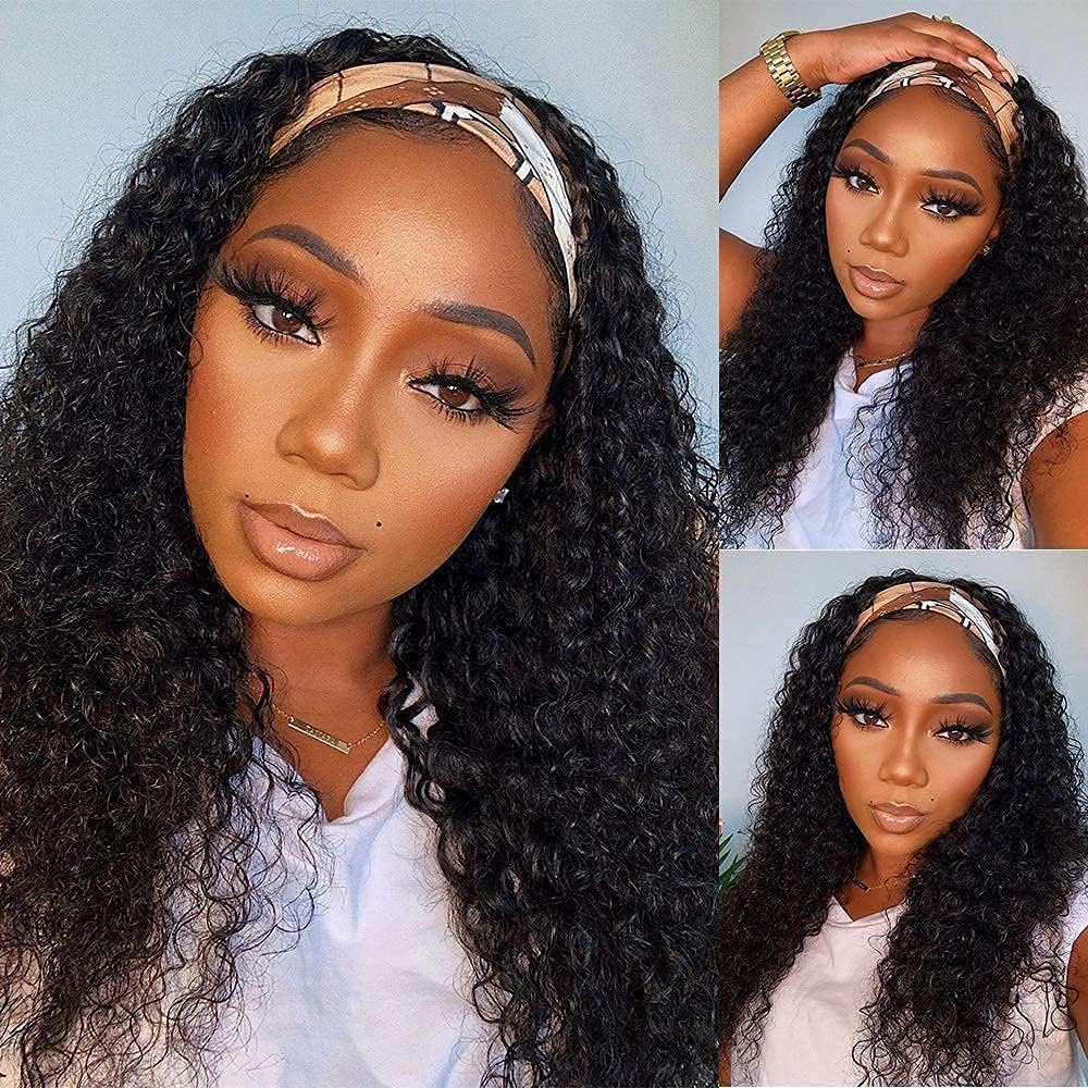 WENYAN Headband Wig Human Hair Deep Wave 16 Inch Wigs for Black Women Glueless None Lace Front Curly Wave Wig Brazilian Virgin Hair Wear and Go Wigs