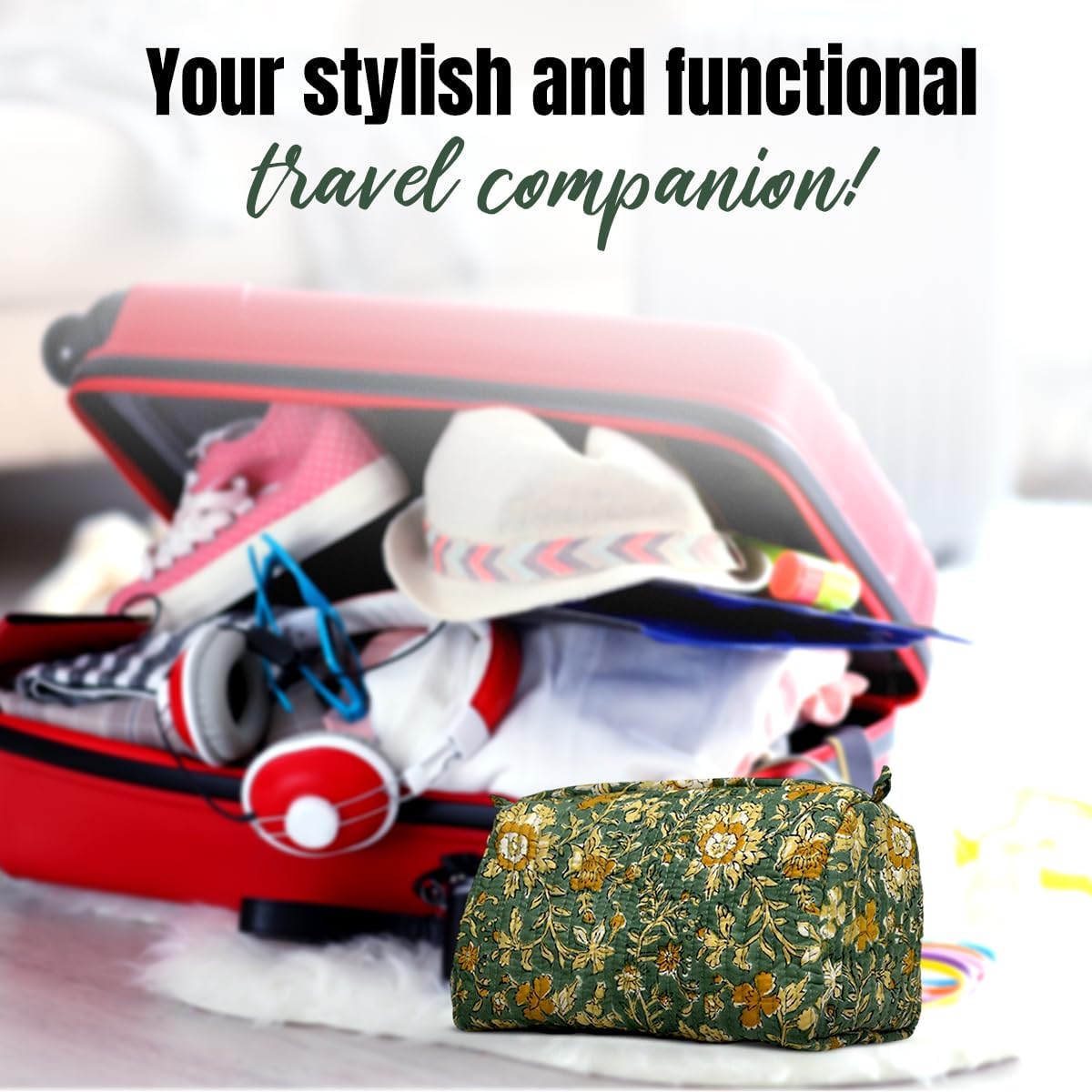 Cotton Hand Block Floral Print Toiletry Bag For Women Make Up Cosmetic Bag Jewelry Organizer Kit Storage Bag Case Travel Accessories Essentials Toiletries Purse Open Pouch, Green (9.25"x 6.88"x 4.5") - Image 5